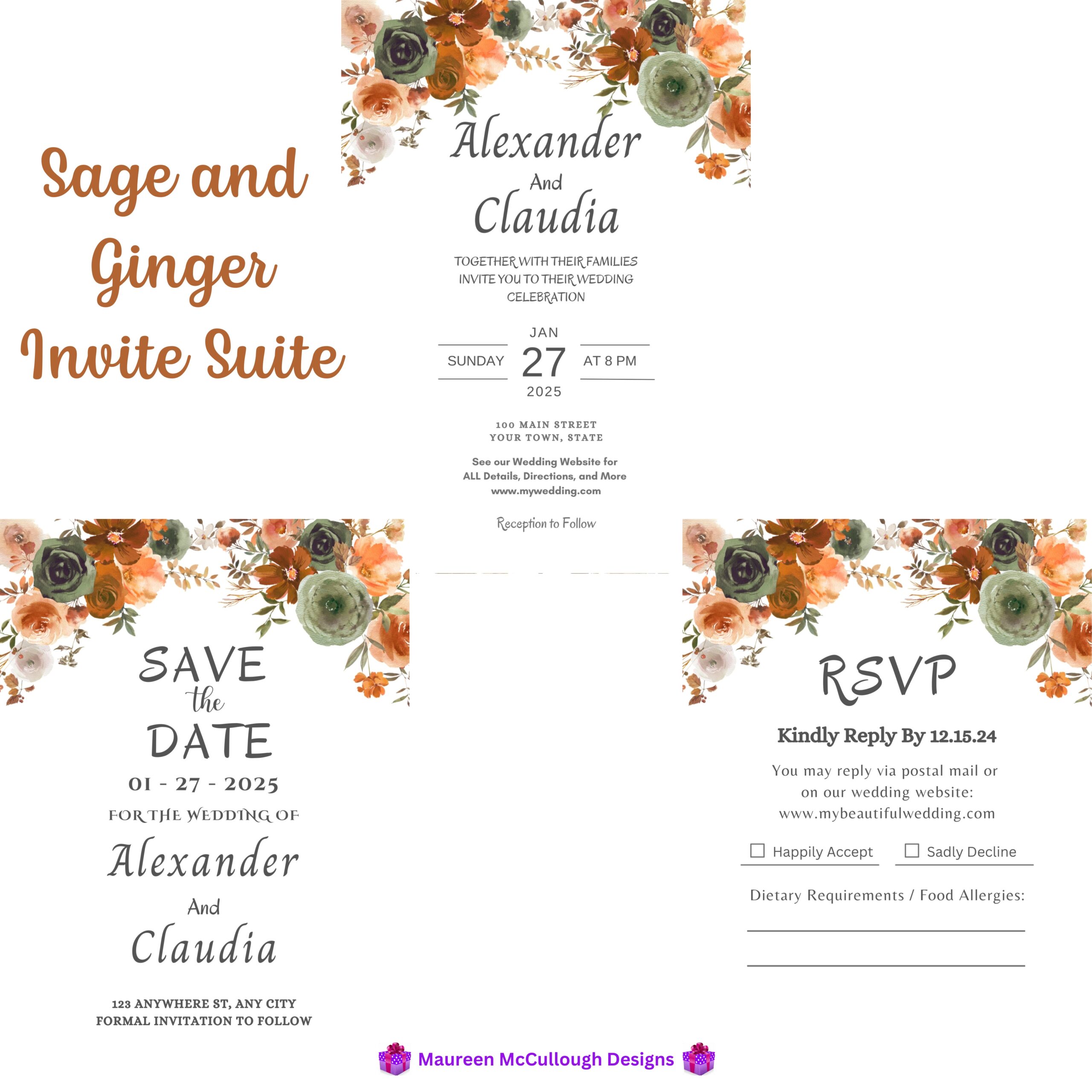 Sage and Ginger Floral Wedding Invitation Suite – Save the Date, Invitation & RSVP – Made to Order