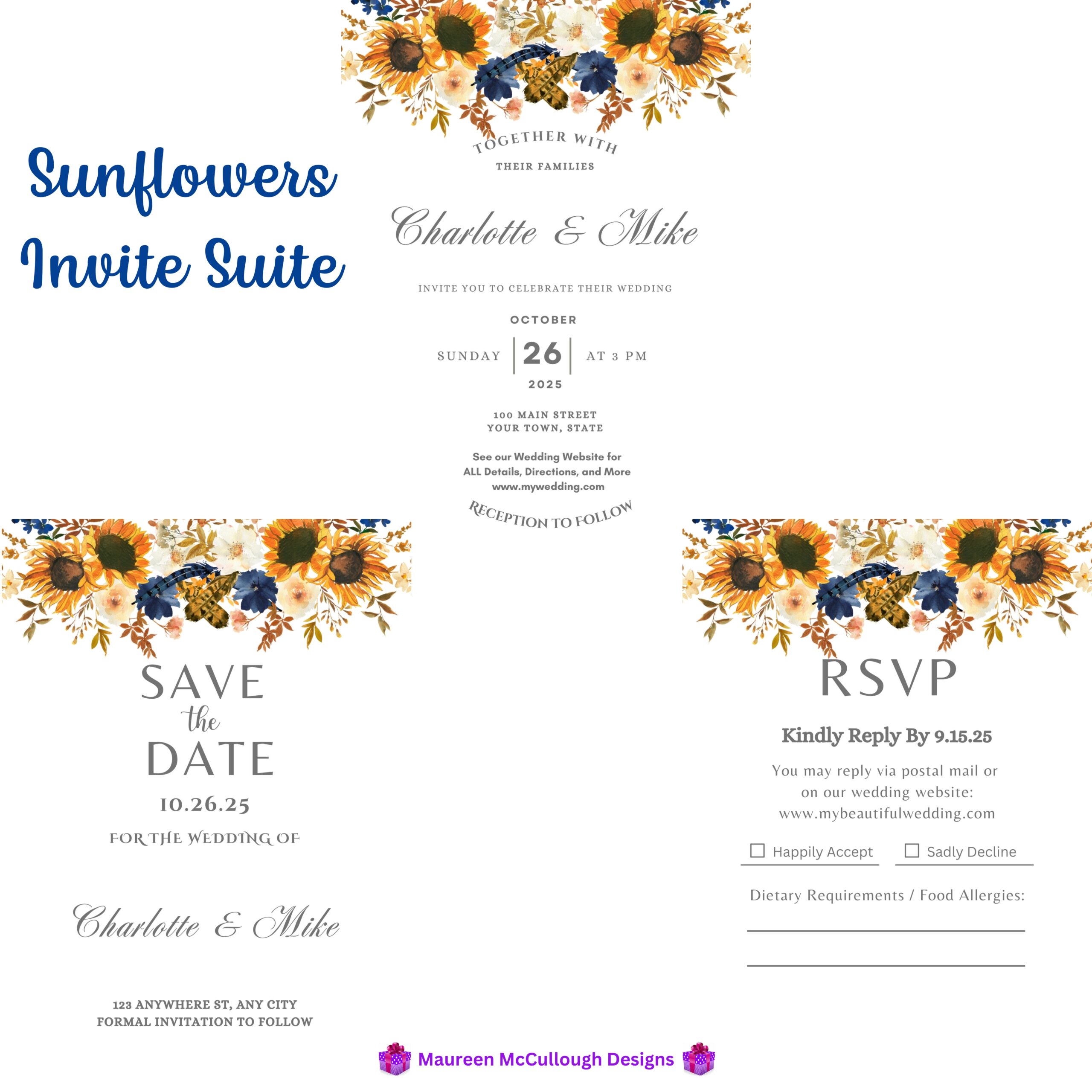 Sunflowers Floral Wedding Invitation Suite – Save the Date, Invitation & RSVP – Made to Order