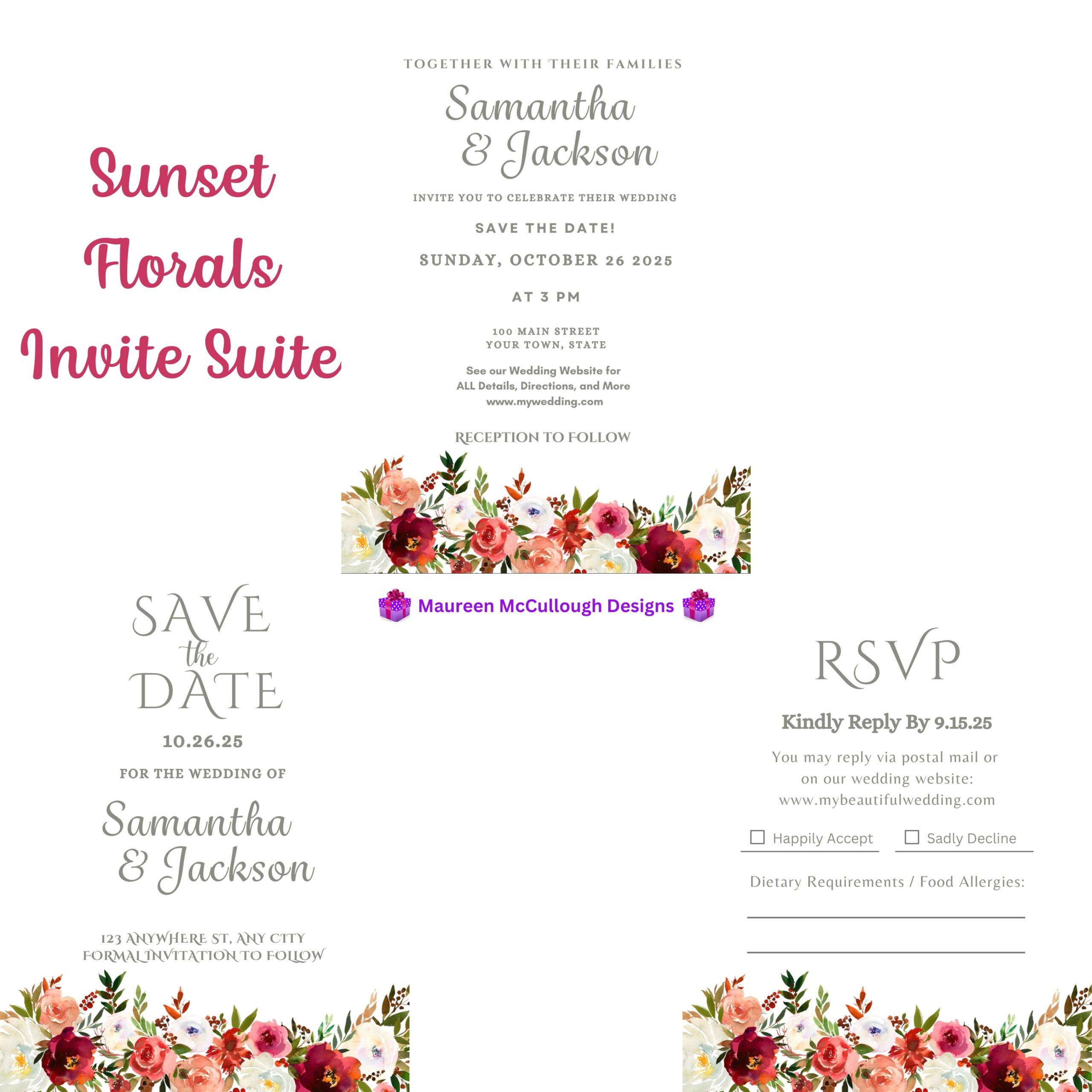 Sunset Florals Floral Wedding Invitation Suite – Save the Date, Invitation & RSVP – Made to Order