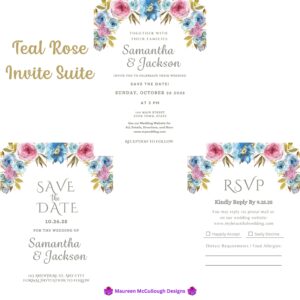 Teal Rose Floral Wedding Invitation Suite – Save the Date, Invitation & RSVP – Made to Order