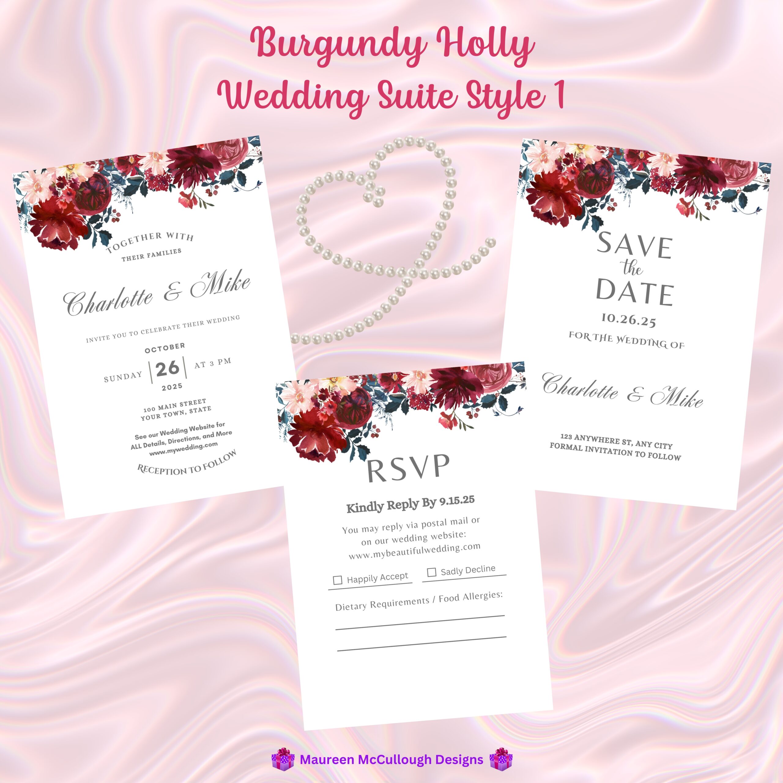 Burgundy Holly Floral Wedding Invitation Suite – Save the Date, Invitation & RSVP – Made to Order