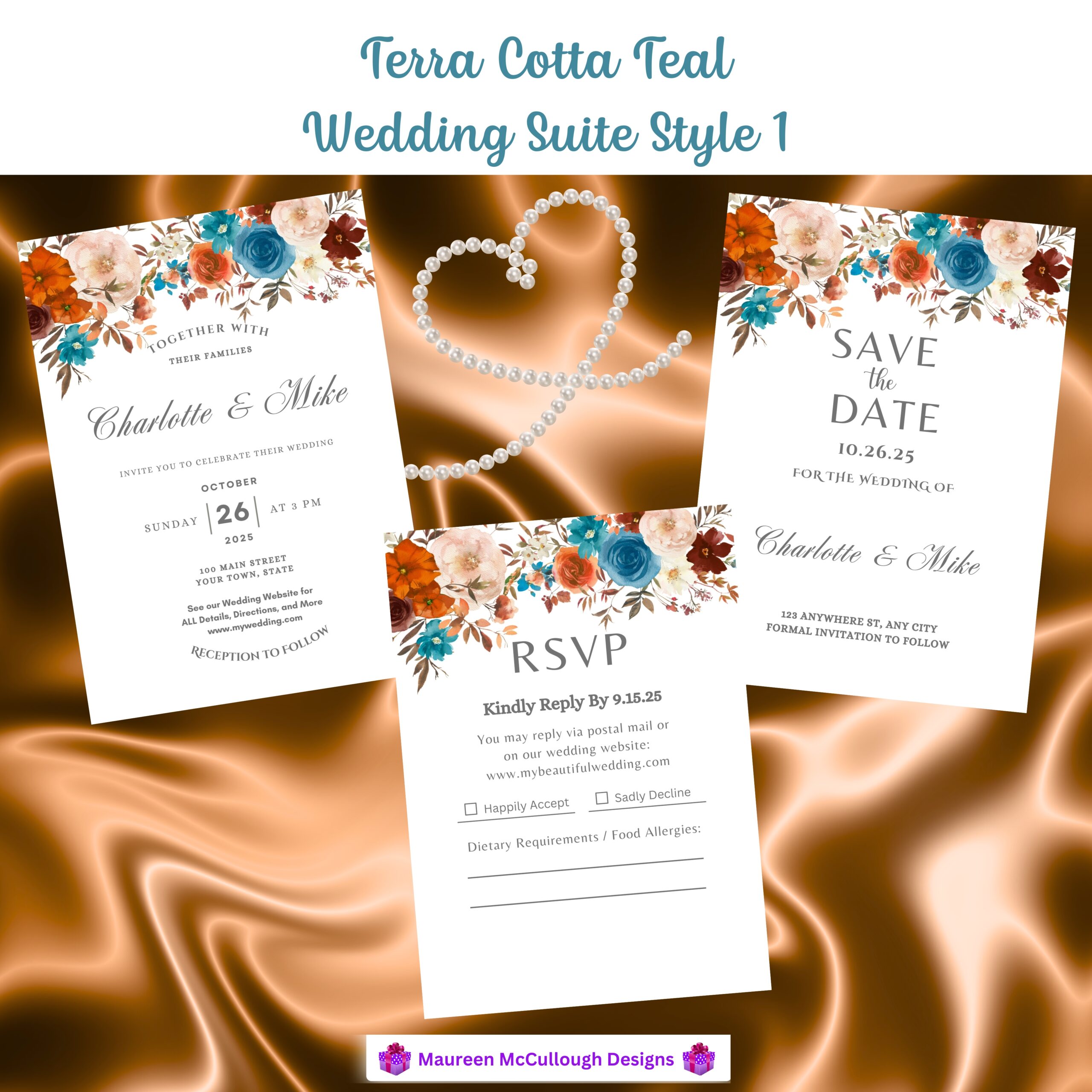 Terra Cotta Teal Floral Wedding Invitation Suite – Save the Date, Invitation & RSVP – Made to Order