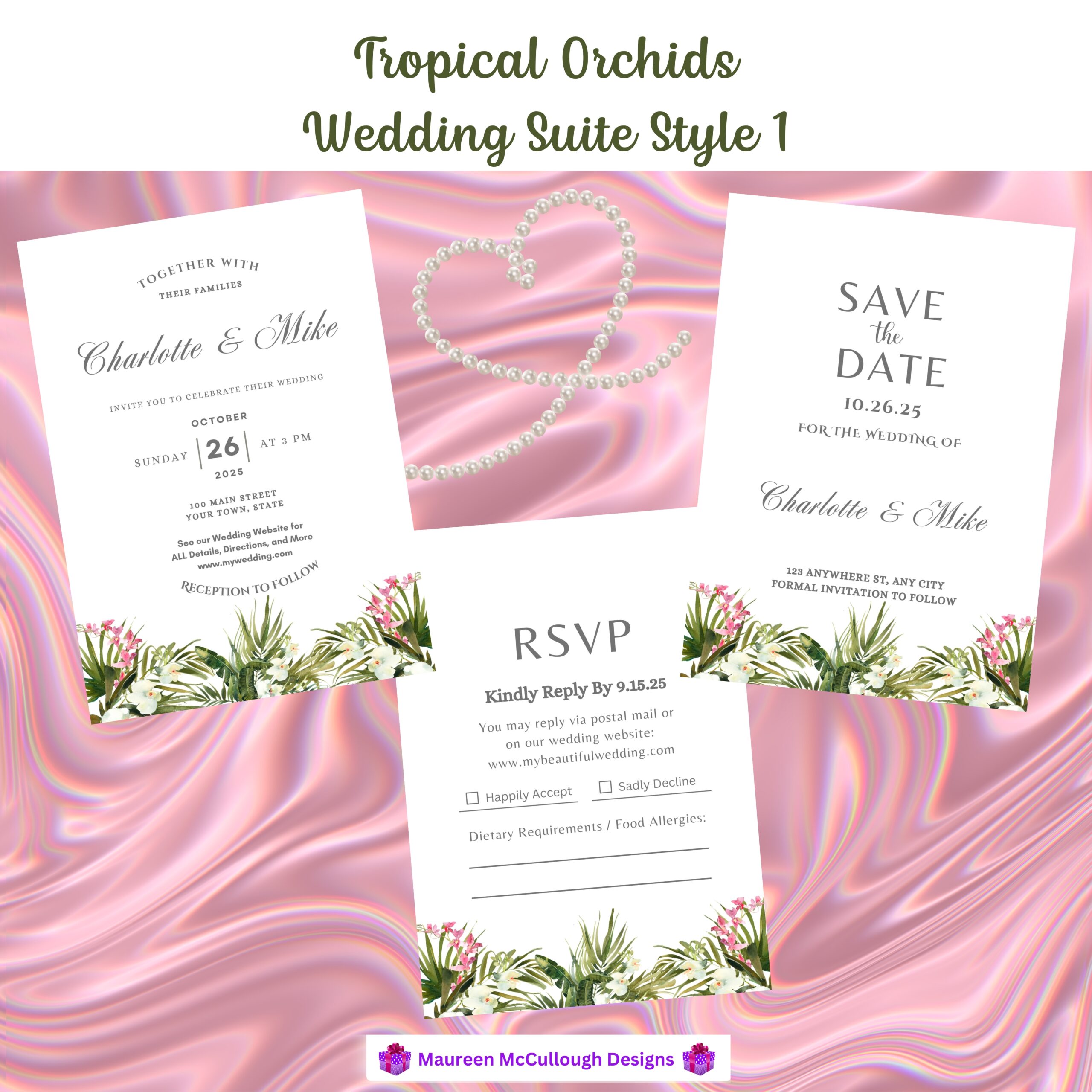 Tropical Orchids Floral Wedding Invitation Suite – Save the Date, Invitation & RSVP – Made to Order