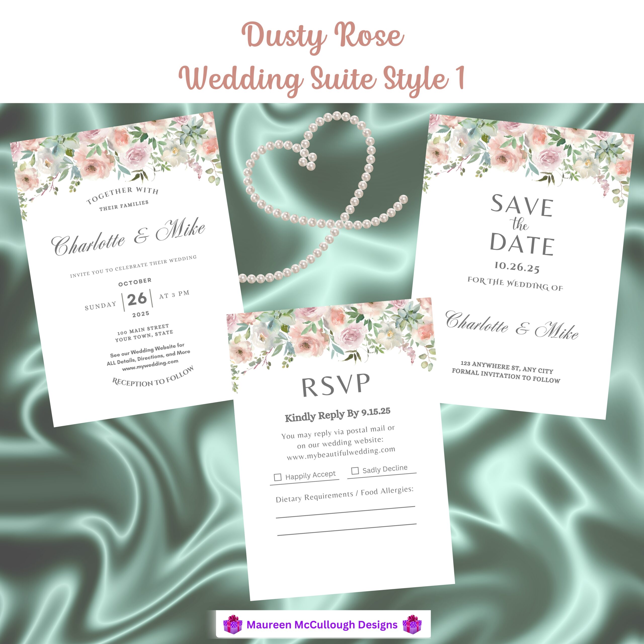 Dusty Rose Floral Wedding Invitation Suite – Save the Date, Invitation & RSVP – Made to Order
