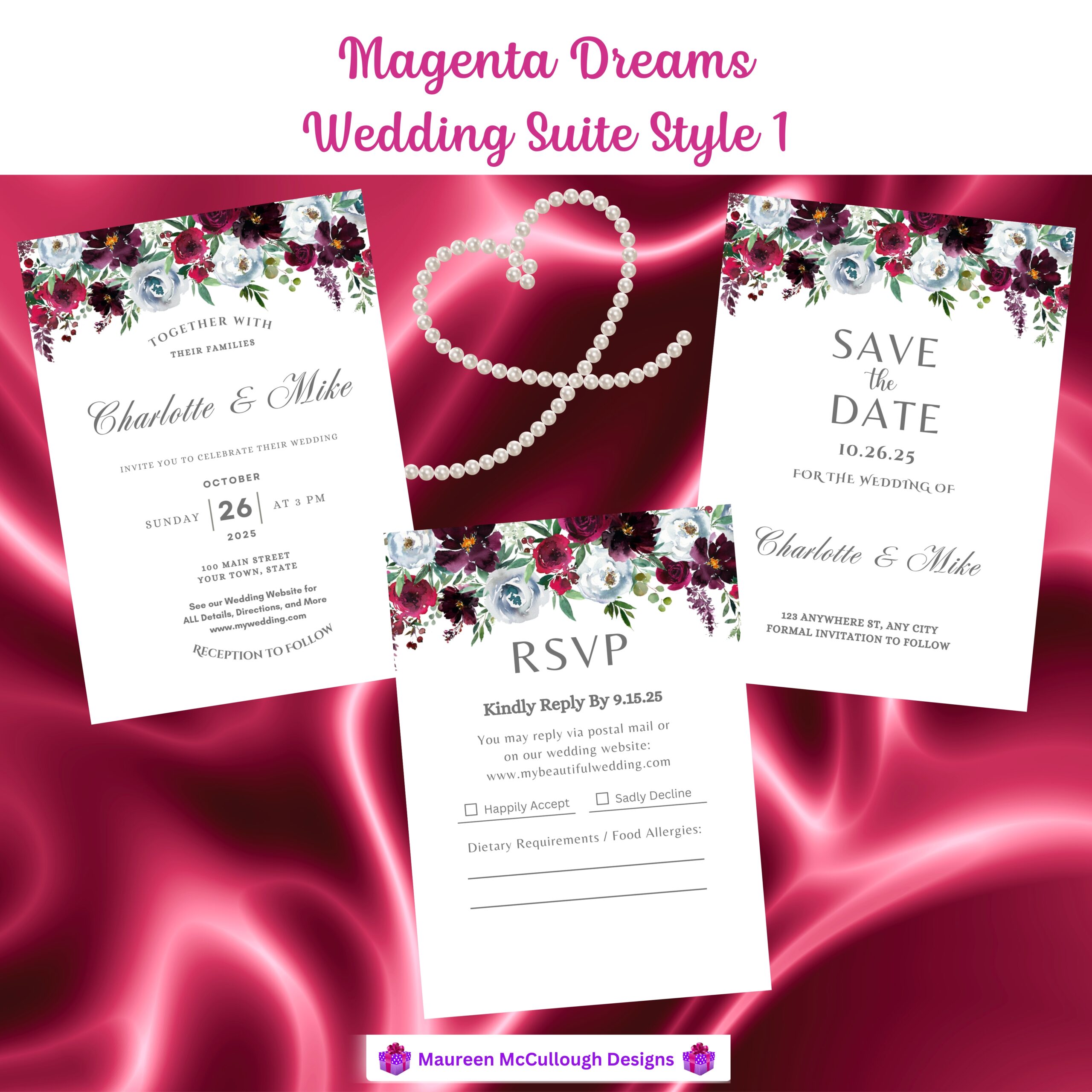 Magenta Dreams Floral Wedding Invitation Suite – Save the Date, Invitation & RSVP – Made to Order