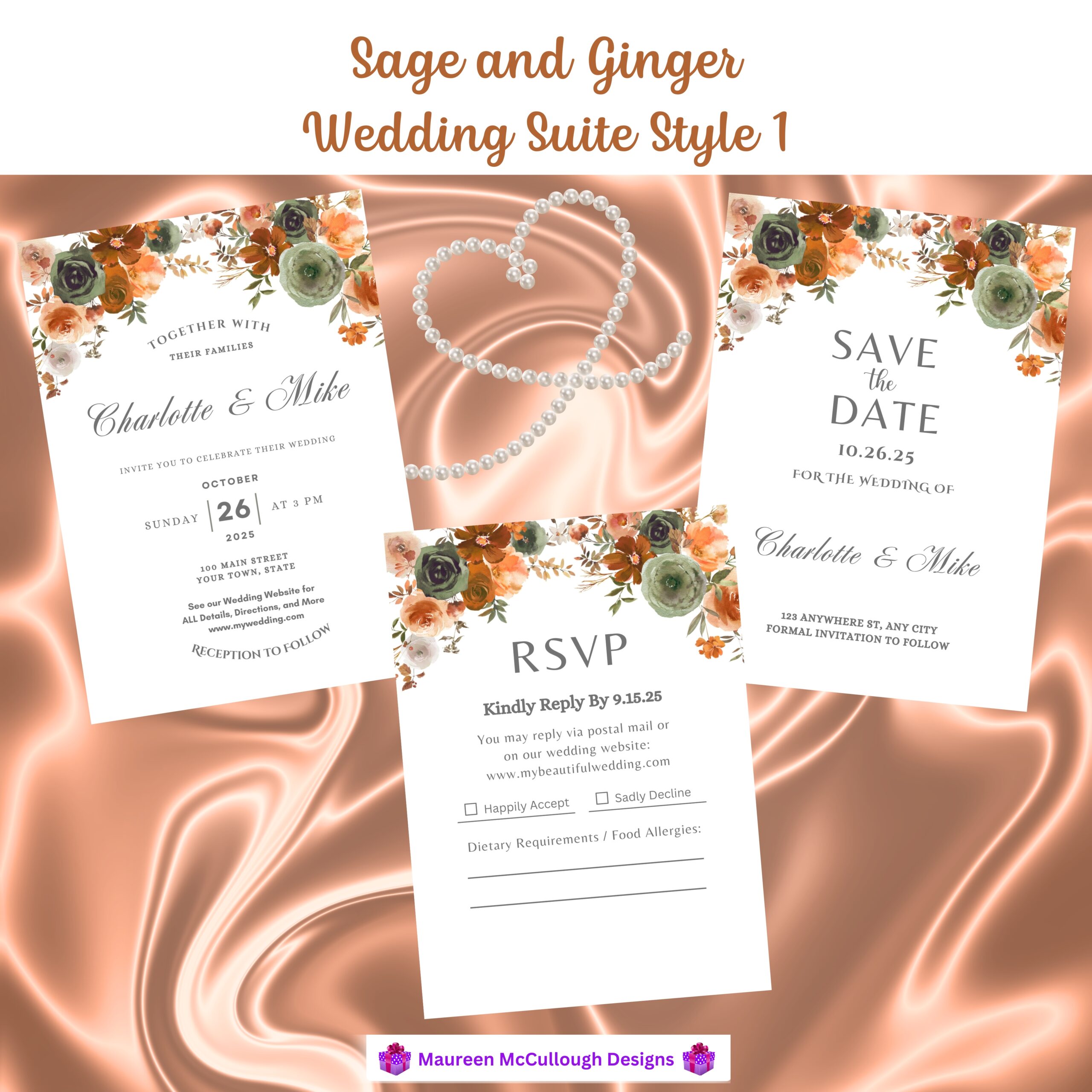 Sage and Ginger Floral Wedding Invitation Suite – Save the Date, Invitation & RSVP – Made to Order