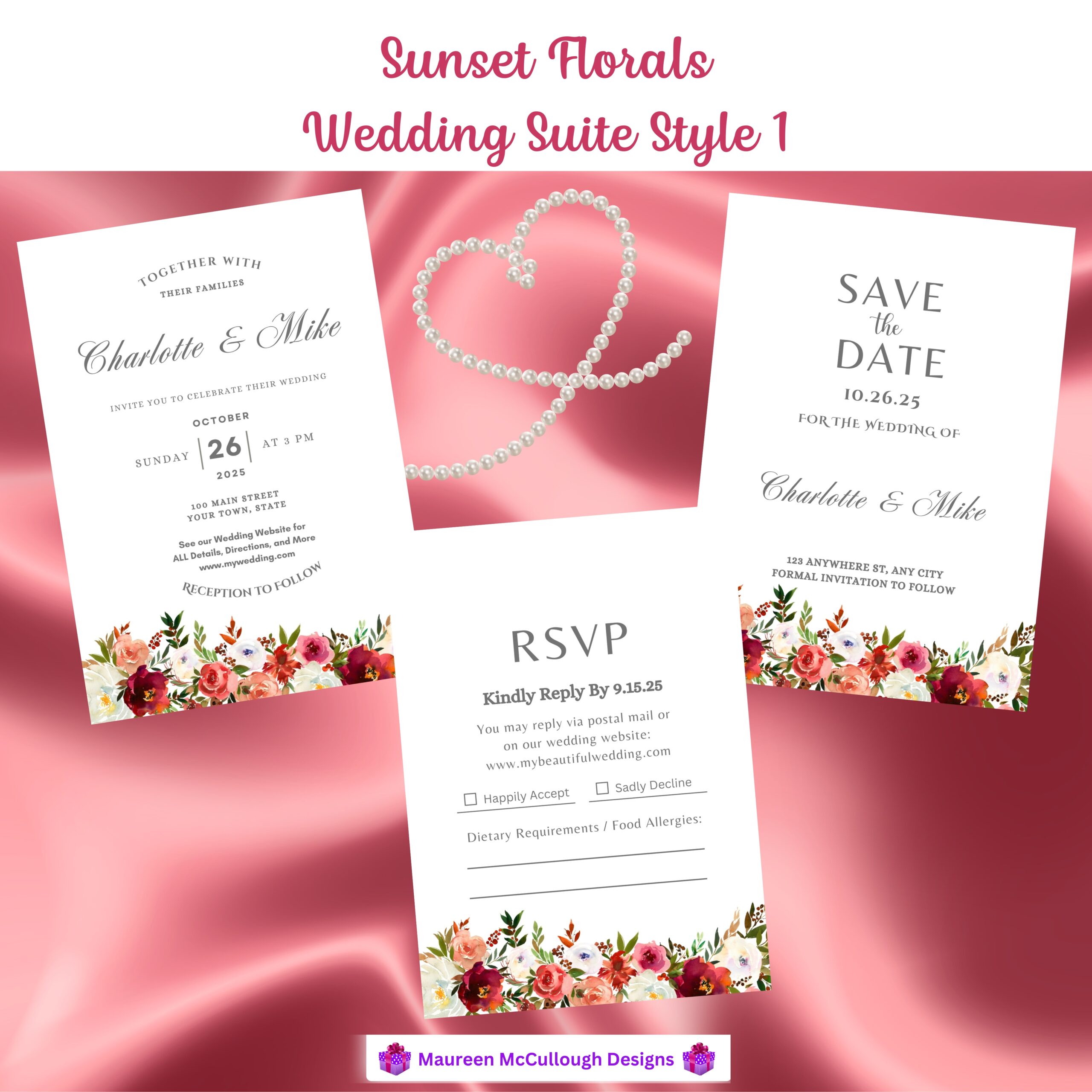 Sunset Florals Floral Wedding Invitation Suite – Save the Date, Invitation & RSVP – Made to Order