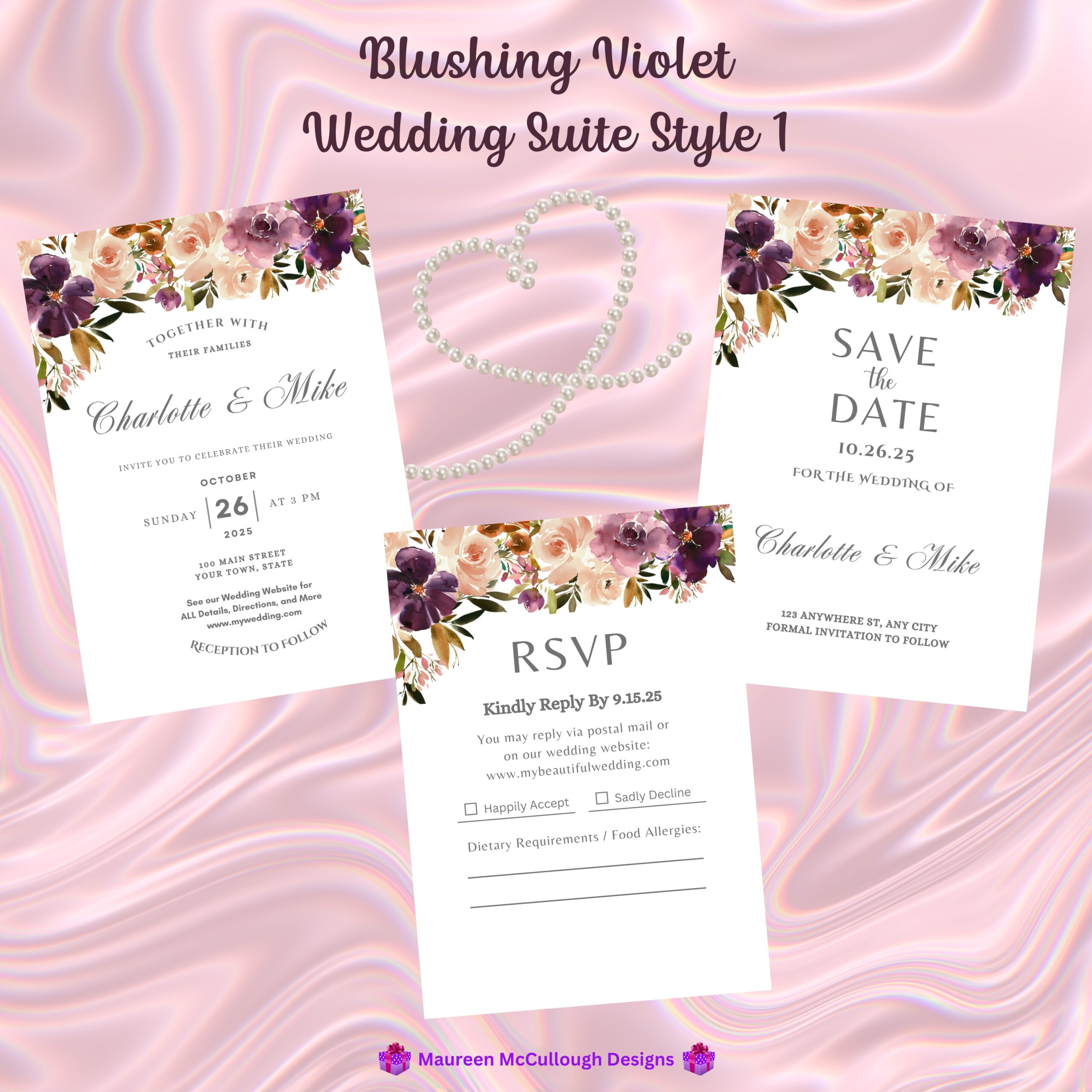 Blushing Violet Floral Wedding Invitation Suite – Save the Date, Invitation & RSVP – Made to Order