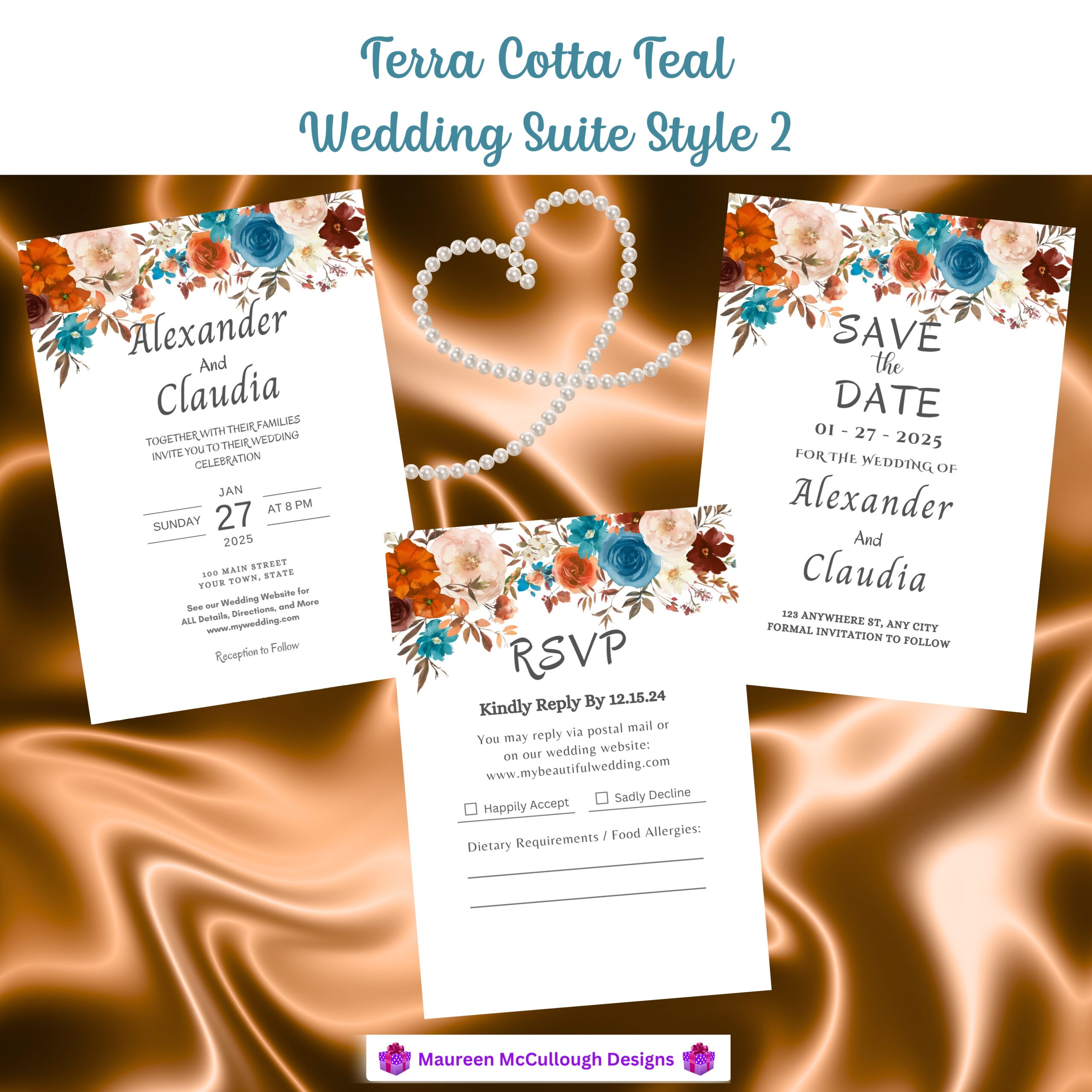Terra Cotta Teal Floral Wedding Invitation Suite – Save the Date, Invitation & RSVP – Made to Order