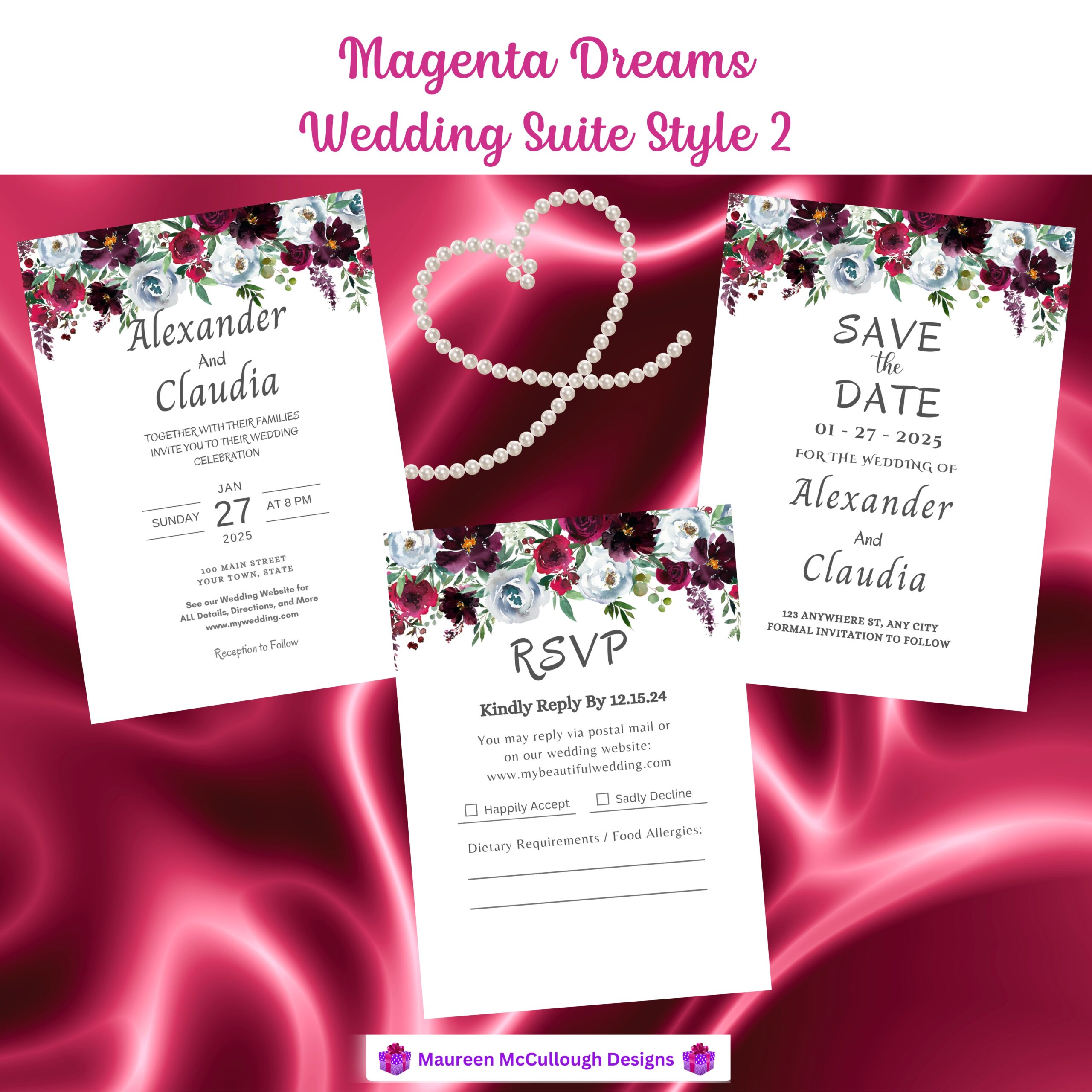 Magenta Dreams Floral Wedding Invitation Suite – Save the Date, Invitation & RSVP – Made to Order