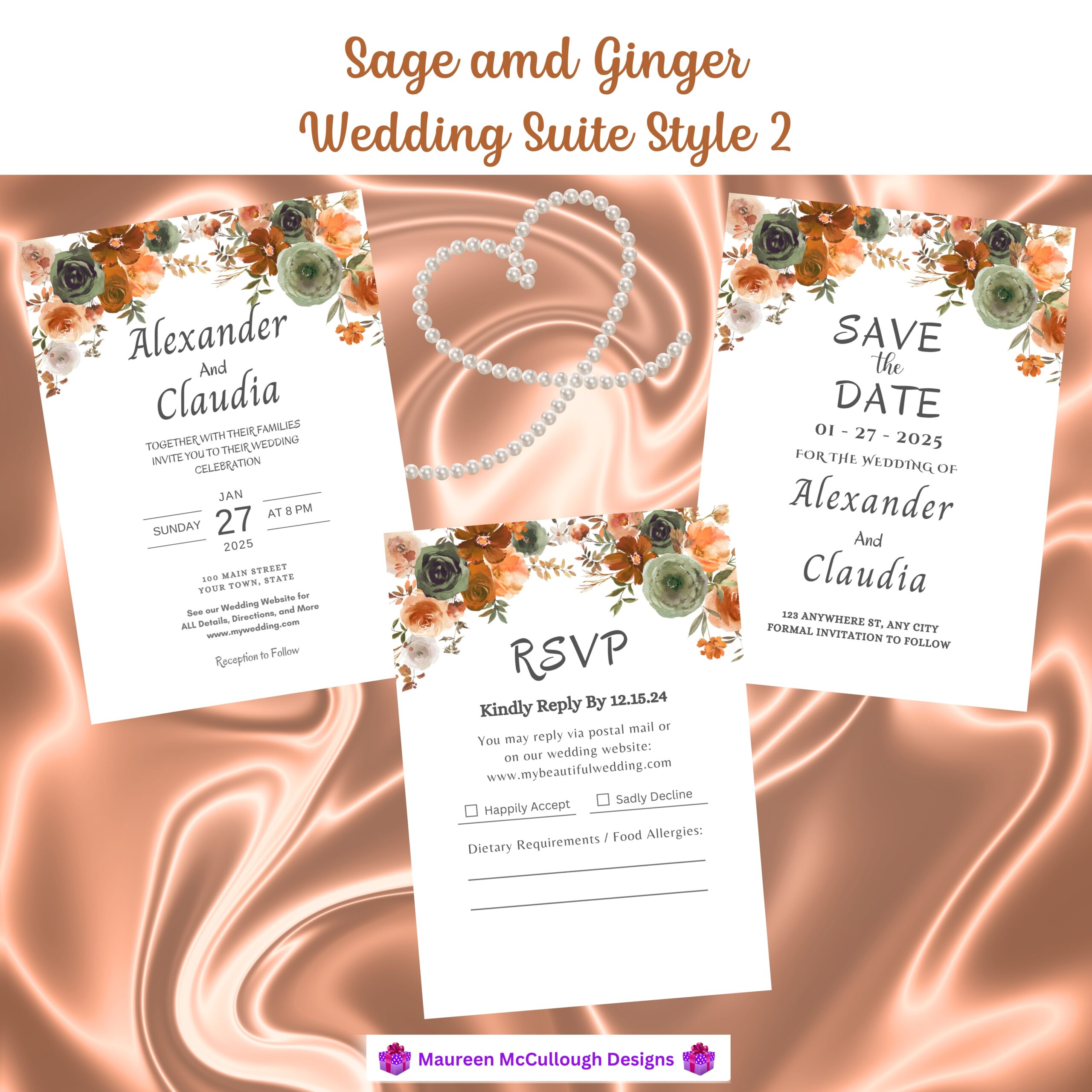 Sage and Ginger Floral Wedding Invitation Suite – Save the Date, Invitation & RSVP – Made to Order