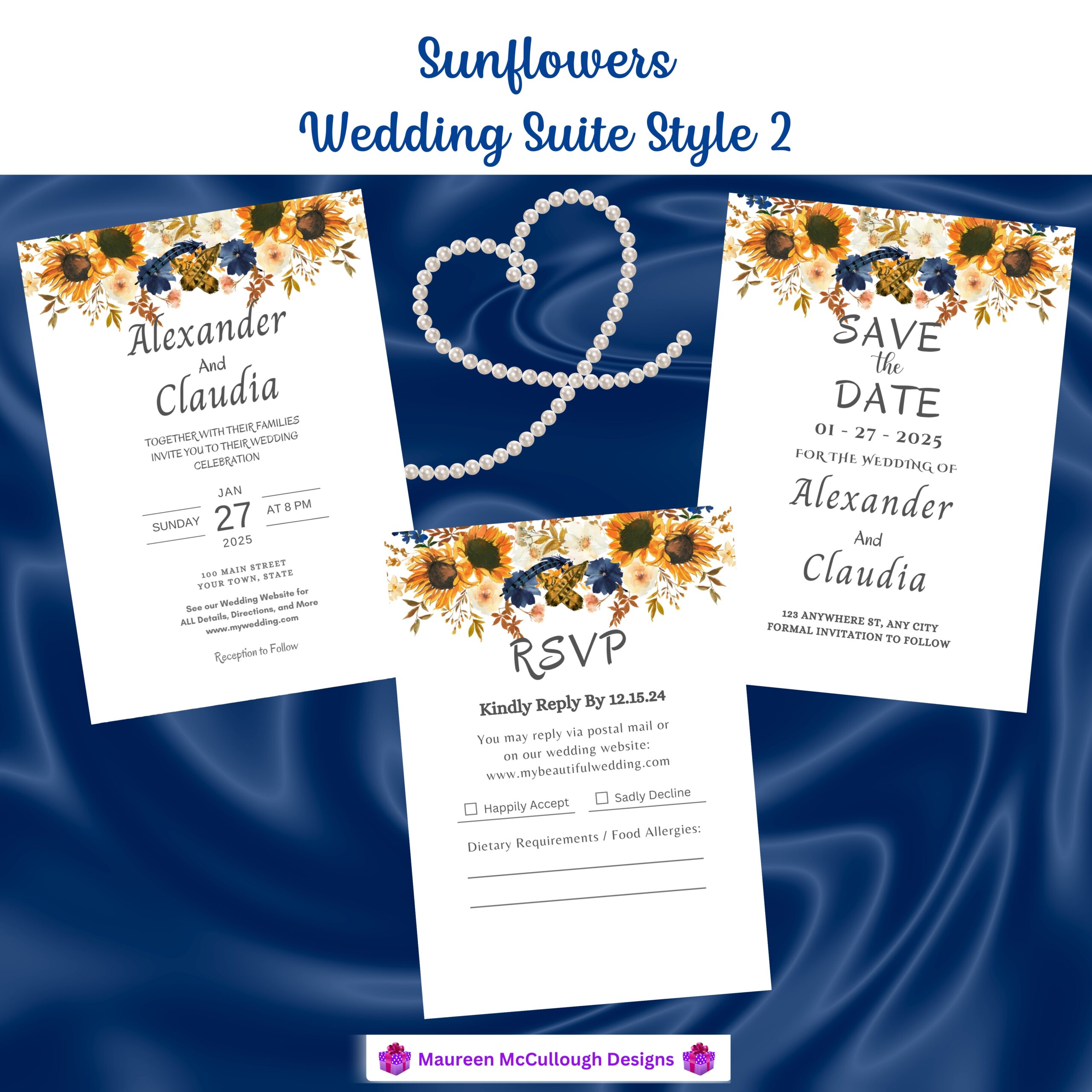 Sunflowers Floral Wedding Invitation Suite – Save the Date, Invitation & RSVP – Made to Order