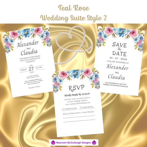 Teal Rose Floral Wedding Invitation Suite – Save the Date, Invitation & RSVP – Made to Order