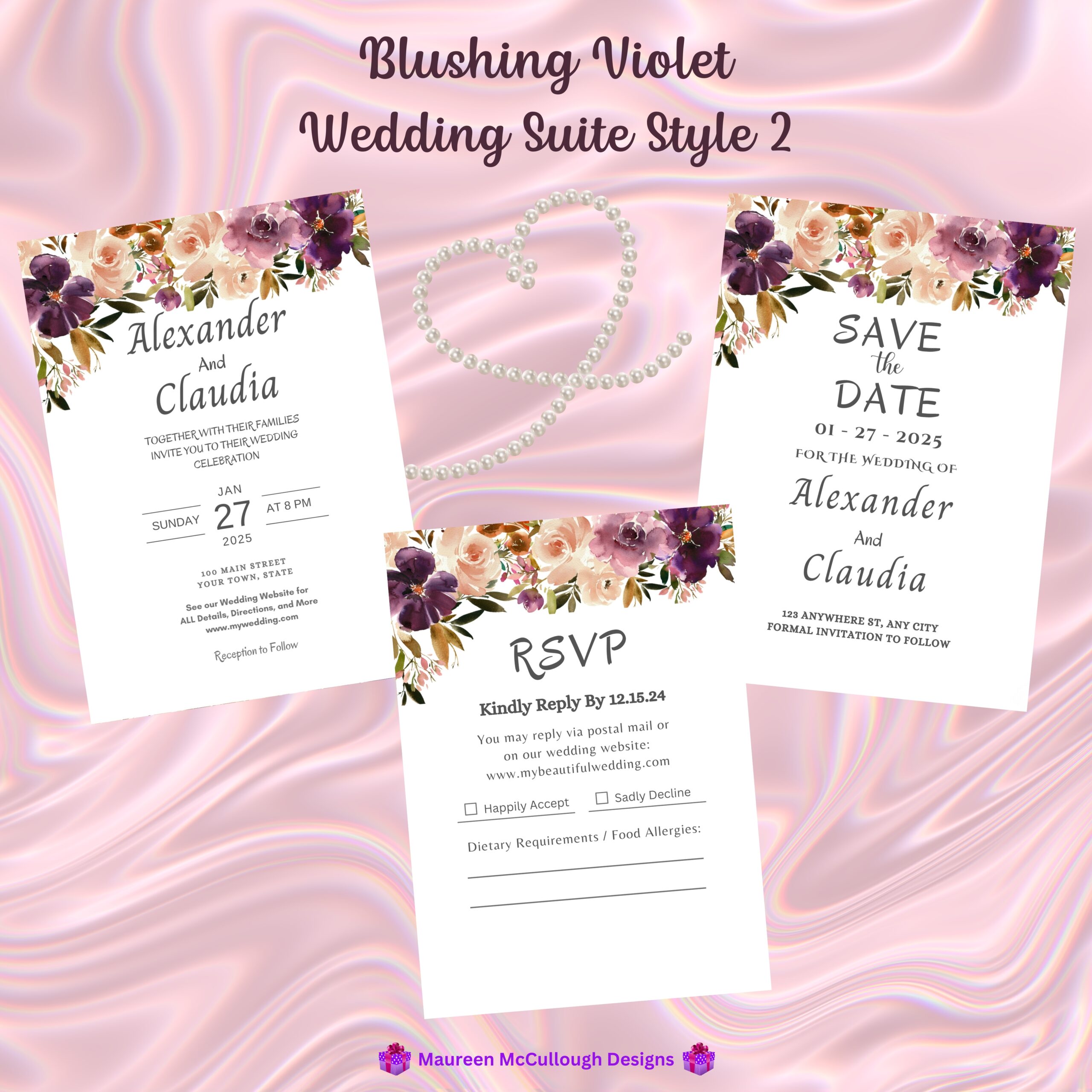 Blushing Violet Floral Wedding Invitation Suite – Save the Date, Invitation & RSVP – Made to Order