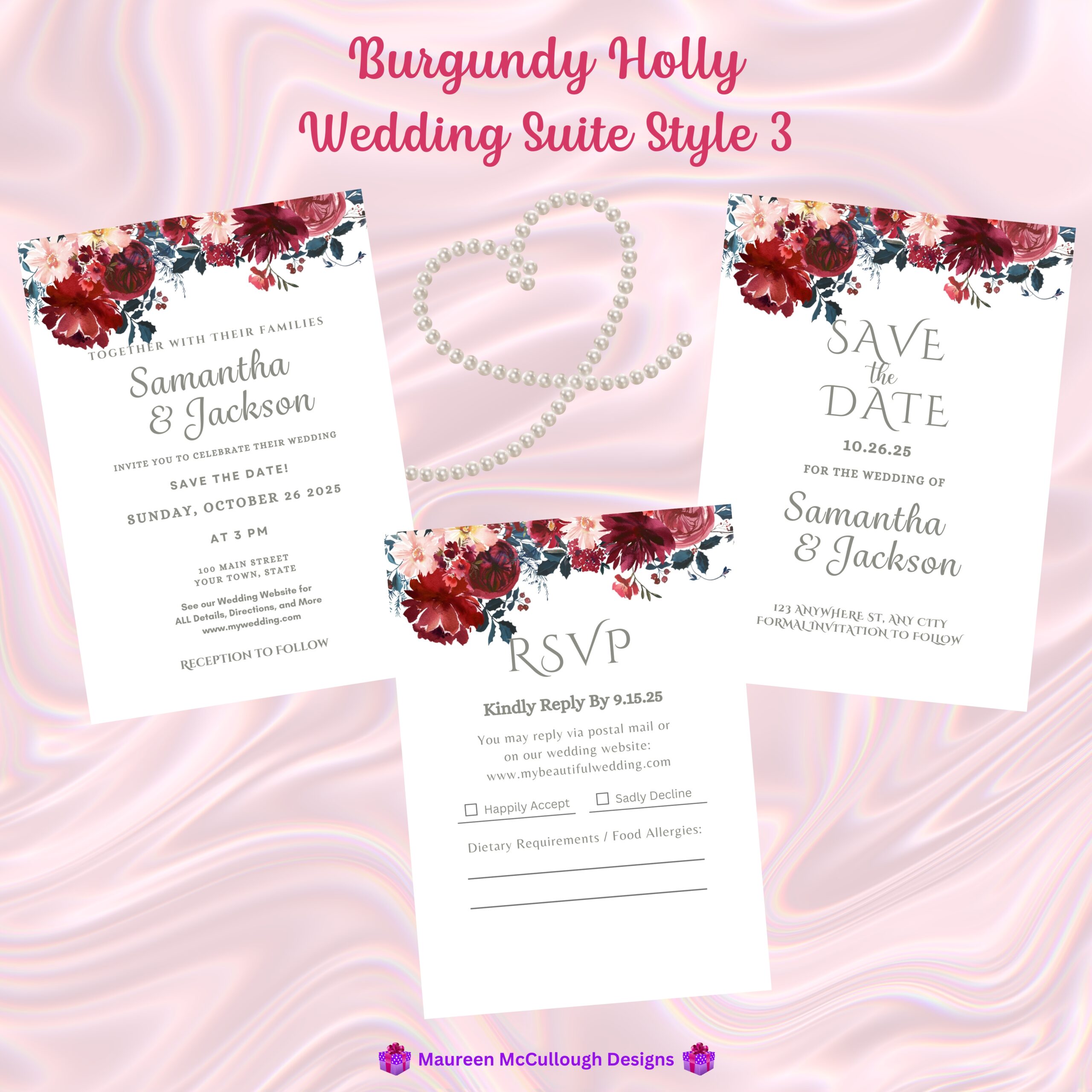 Burgundy Holly Floral Wedding Invitation Suite – Save the Date, Invitation & RSVP – Made to Order
