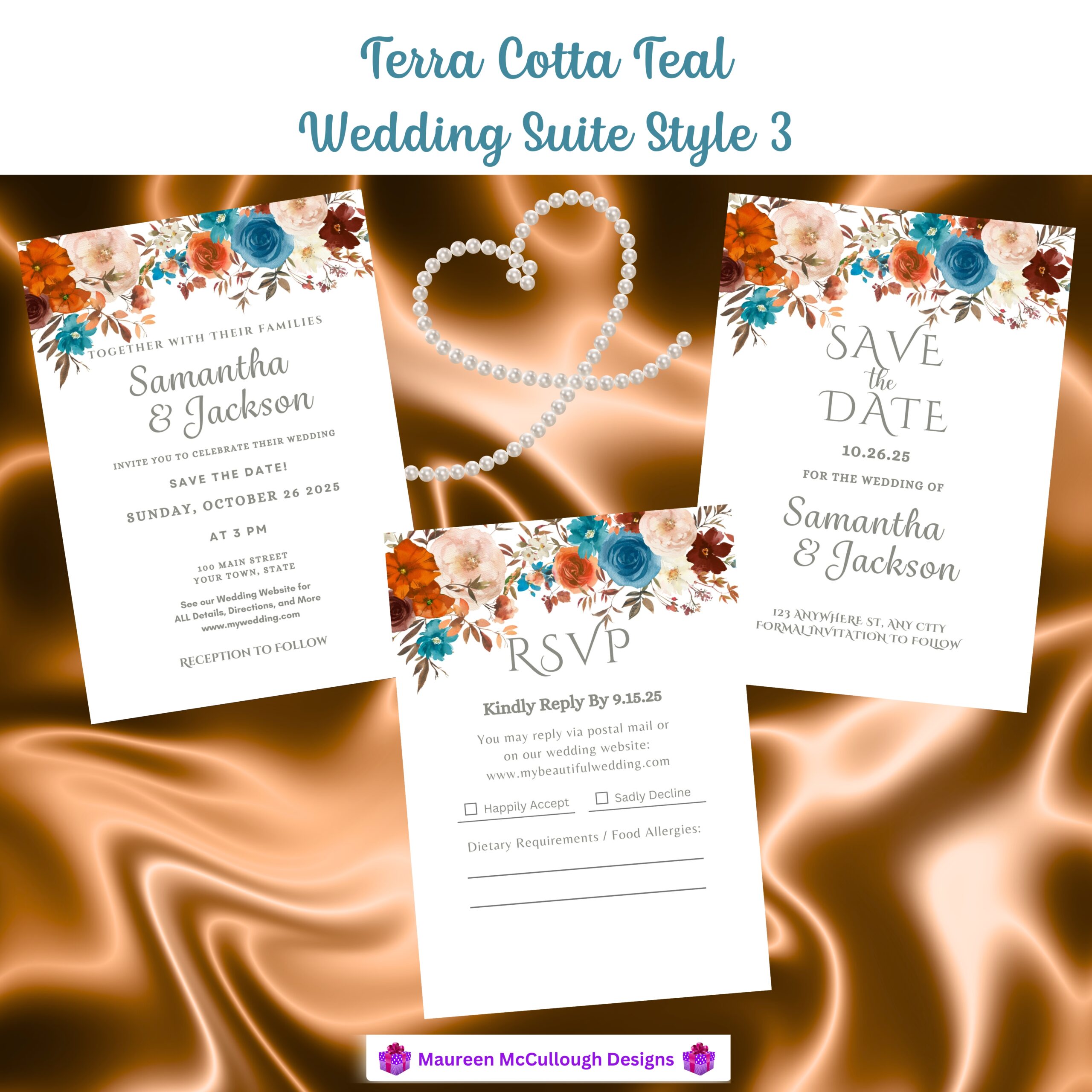 Terra Cotta Teal Floral Wedding Invitation Suite – Save the Date, Invitation & RSVP – Made to Order