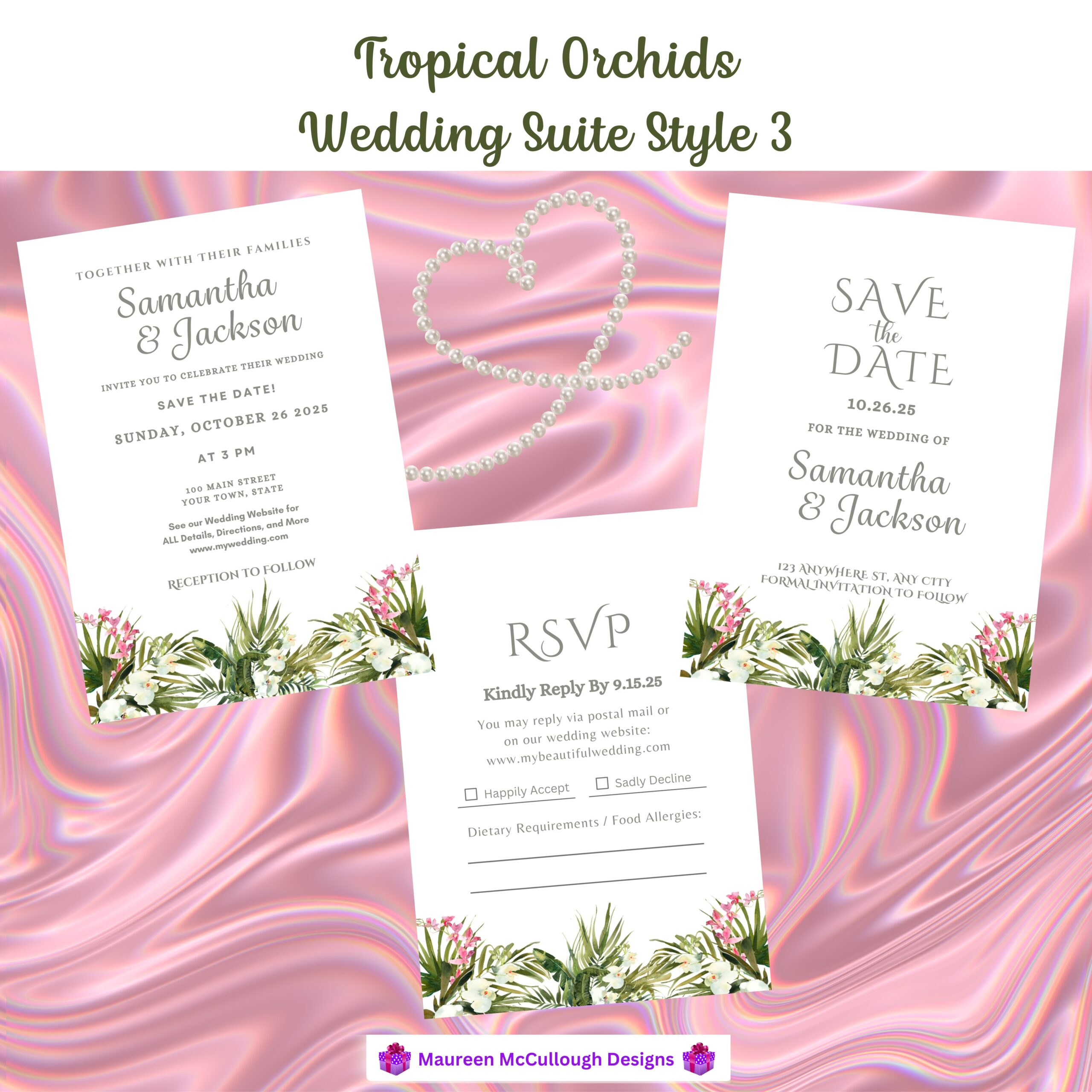 Tropical Orchids Floral Wedding Invitation Suite – Save the Date, Invitation & RSVP – Made to Order