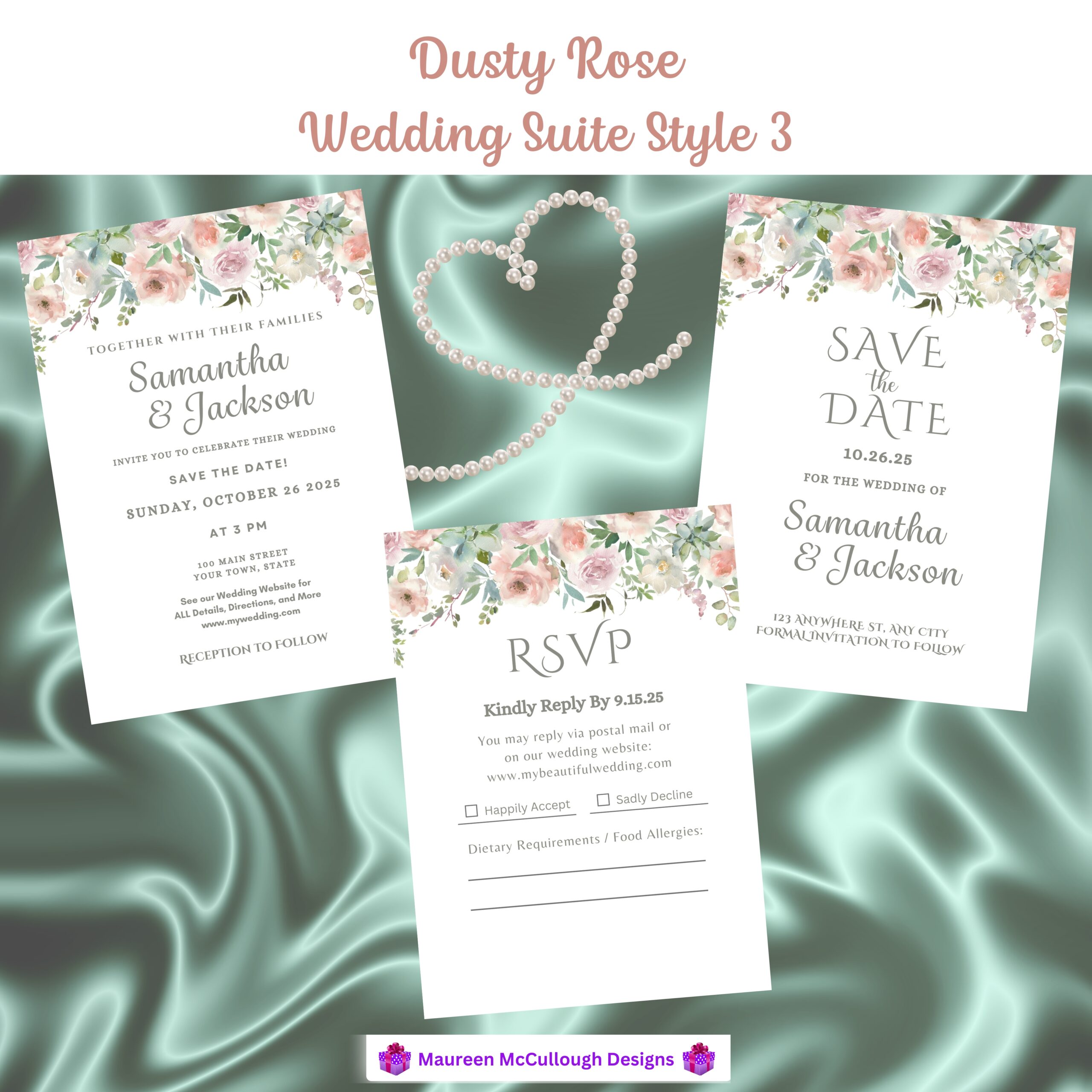 Dusty Rose Floral Wedding Invitation Suite – Save the Date, Invitation & RSVP – Made to Order