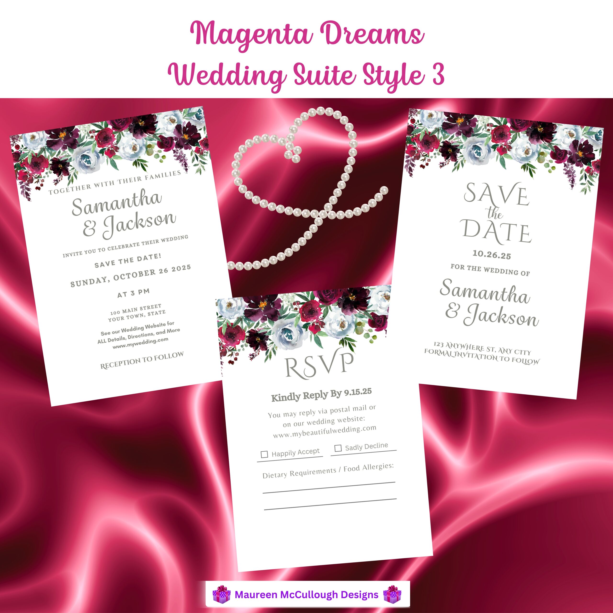 Magenta Dreams Floral Wedding Invitation Suite – Save the Date, Invitation & RSVP – Made to Order
