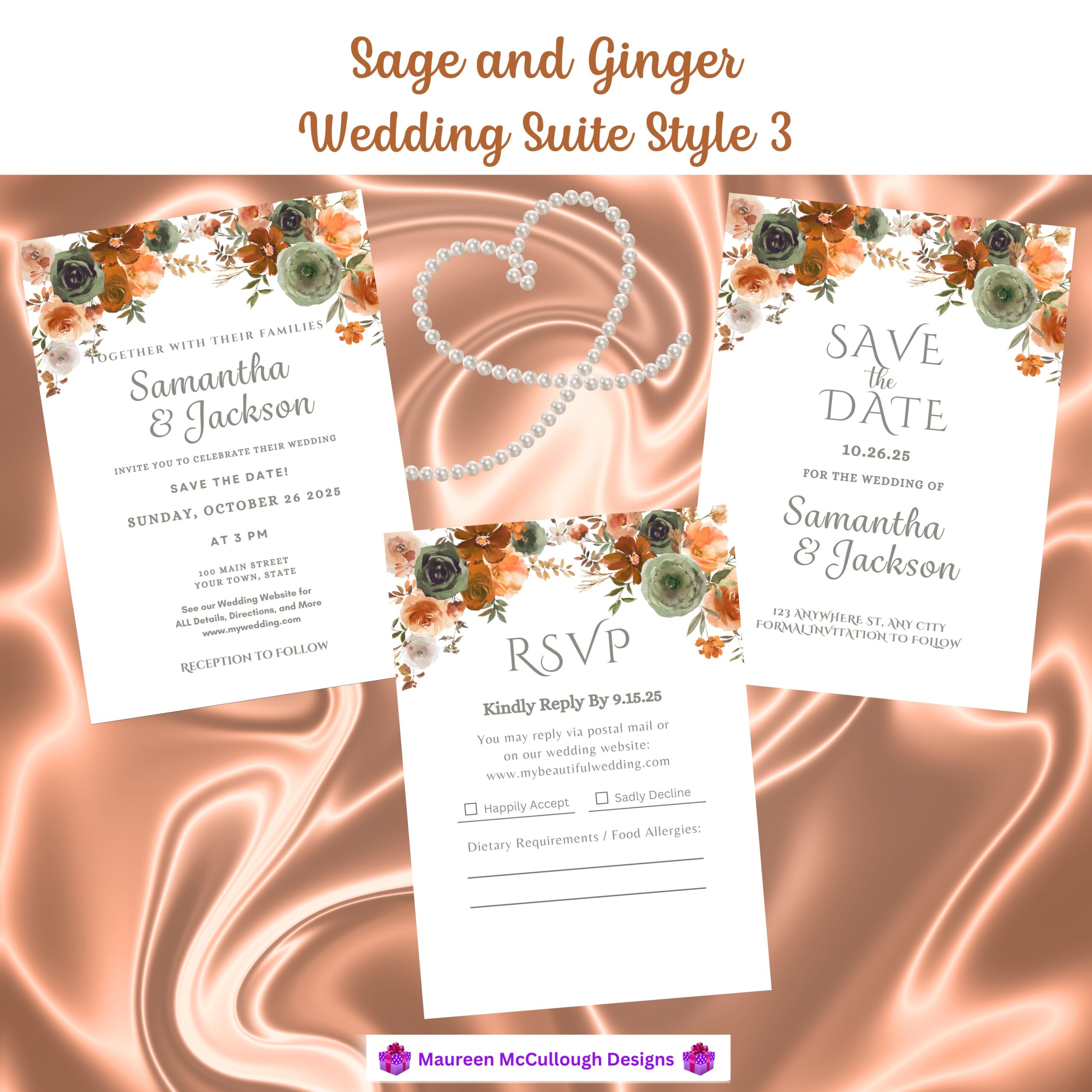 Sage and Ginger Floral Wedding Invitation Suite – Save the Date, Invitation & RSVP – Made to Order