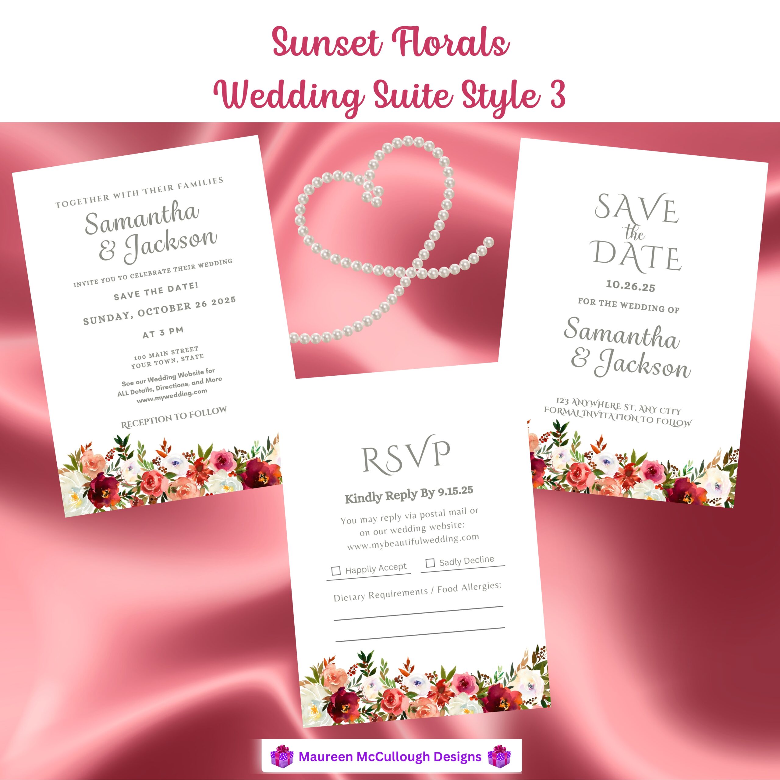 Sunset Florals Floral Wedding Invitation Suite – Save the Date, Invitation & RSVP – Made to Order