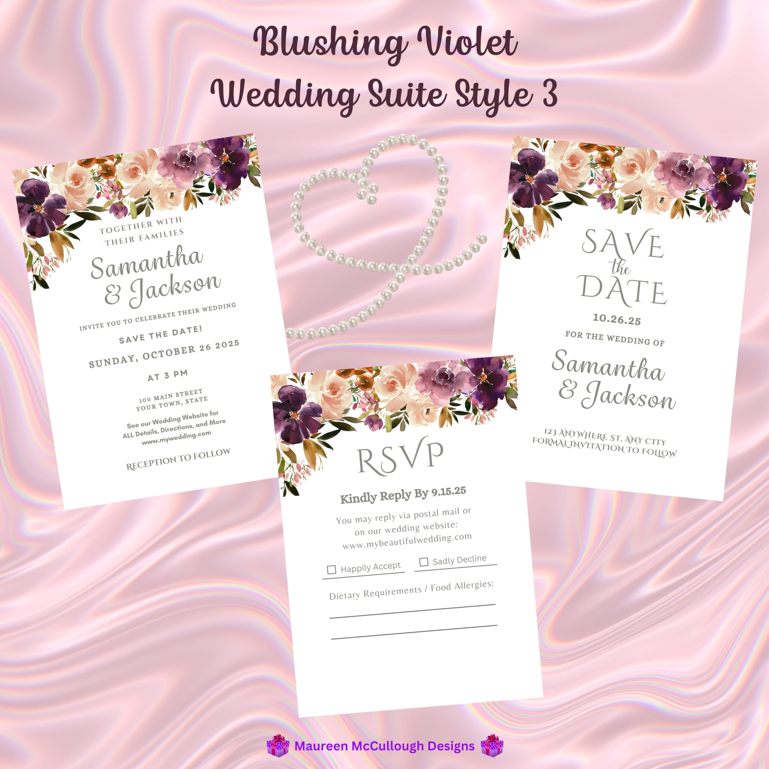 Blushing Violet Floral Wedding Invitation Suite – Save the Date, Invitation & RSVP – Made to Order
