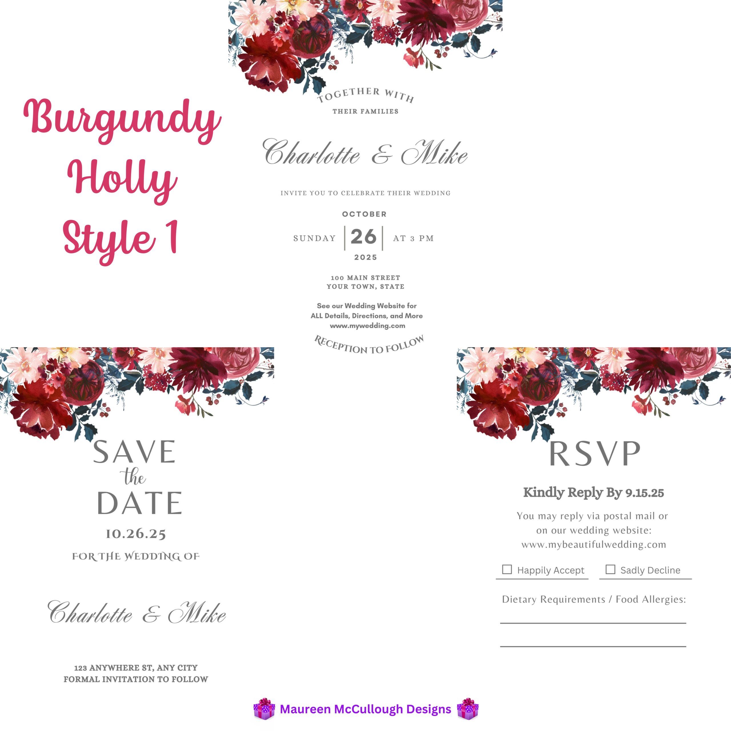Burgundy Holly Floral Wedding Invitation Suite – Save the Date, Invitation & RSVP – Made to Order
