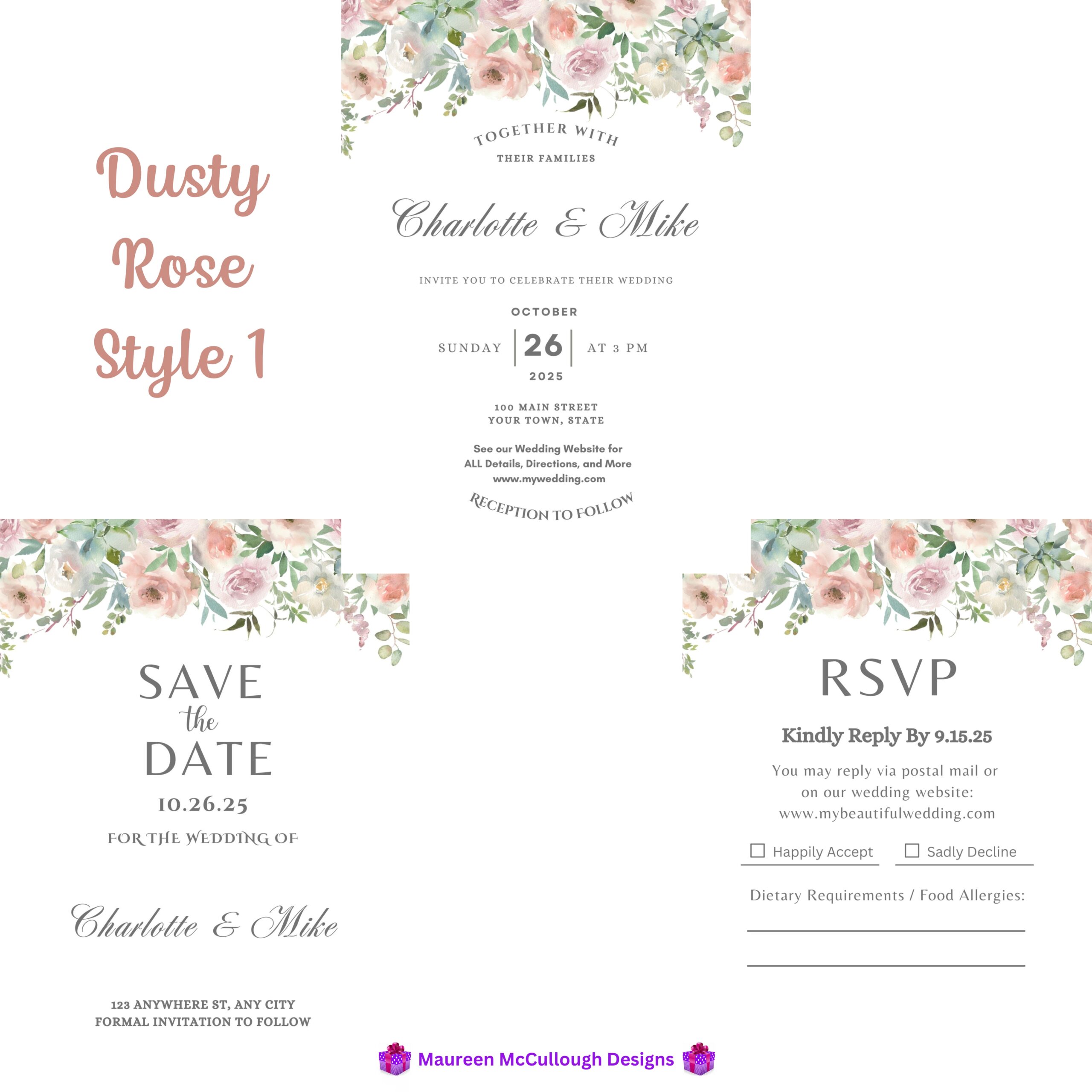 Dusty Rose Floral Wedding Invitation Suite – Save the Date, Invitation & RSVP – Made to Order