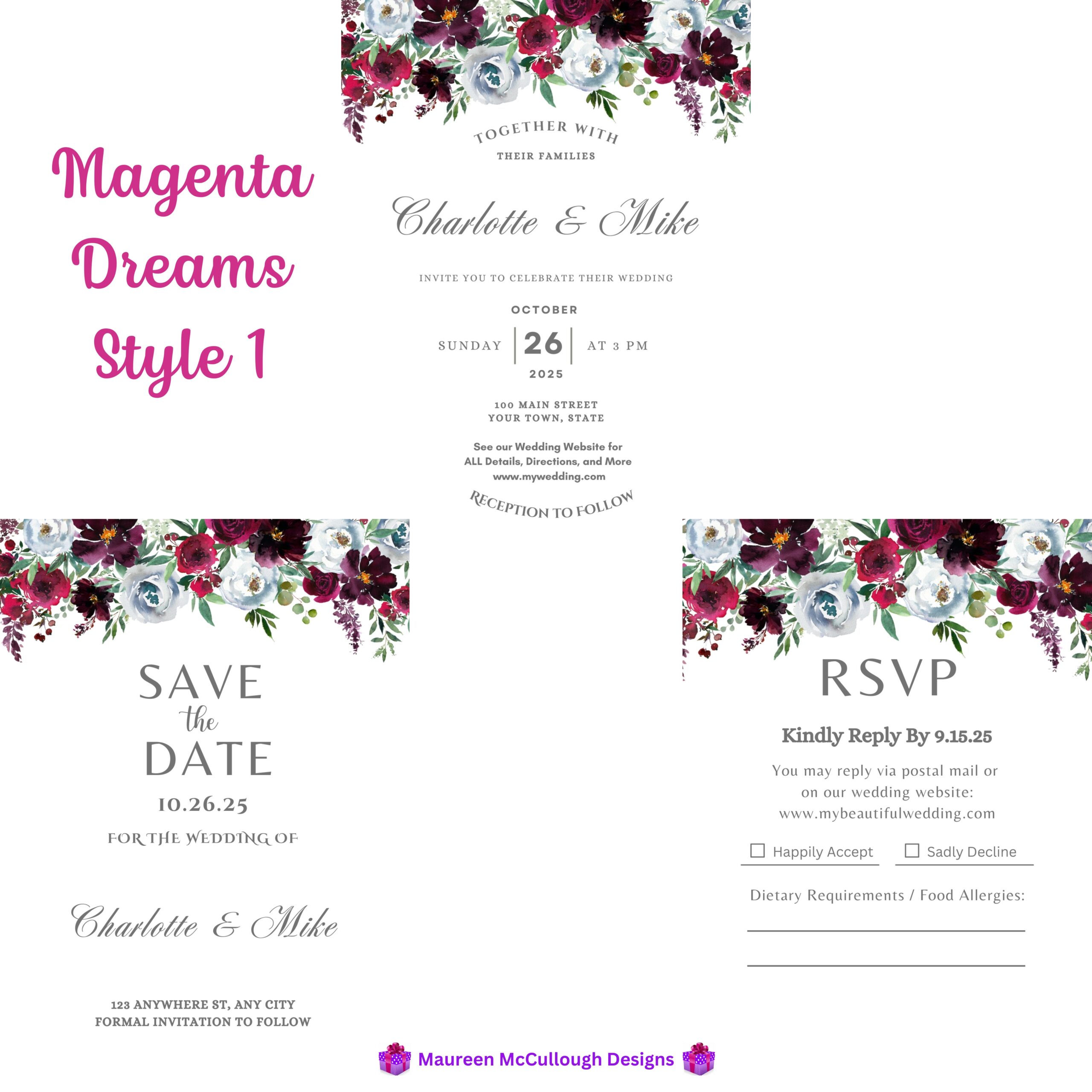 Magenta Dreams Floral Wedding Invitation Suite – Save the Date, Invitation & RSVP – Made to Order