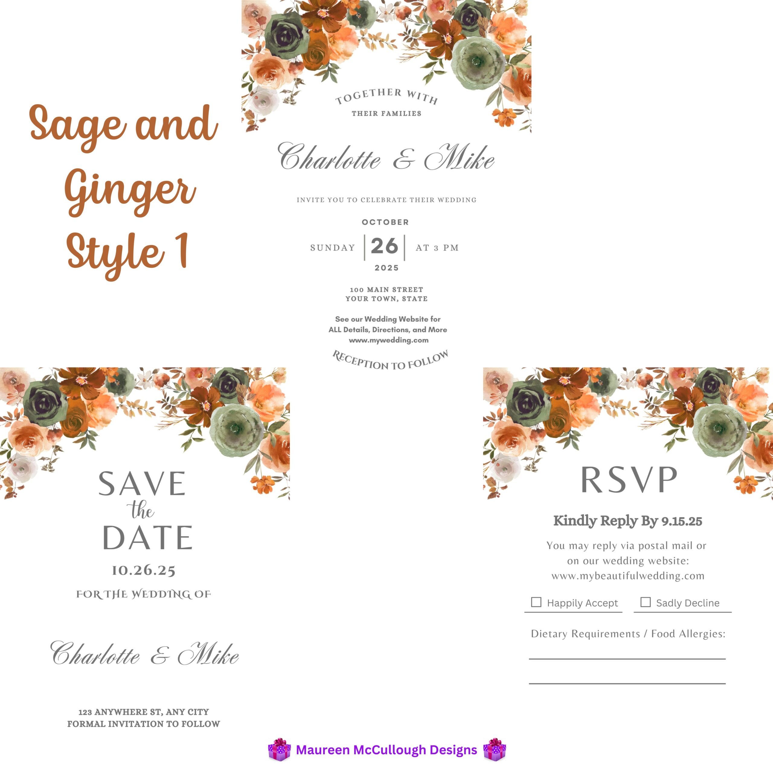 Sage and Ginger Floral Wedding Invitation Suite – Save the Date, Invitation & RSVP – Made to Order