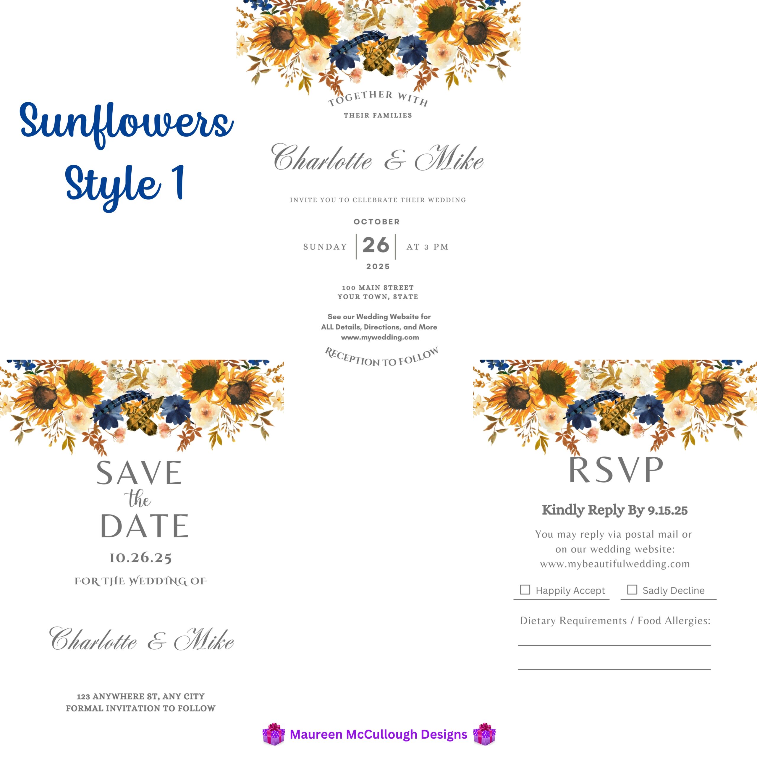 Sunflowers Floral Wedding Invitation Suite – Save the Date, Invitation & RSVP – Made to Order