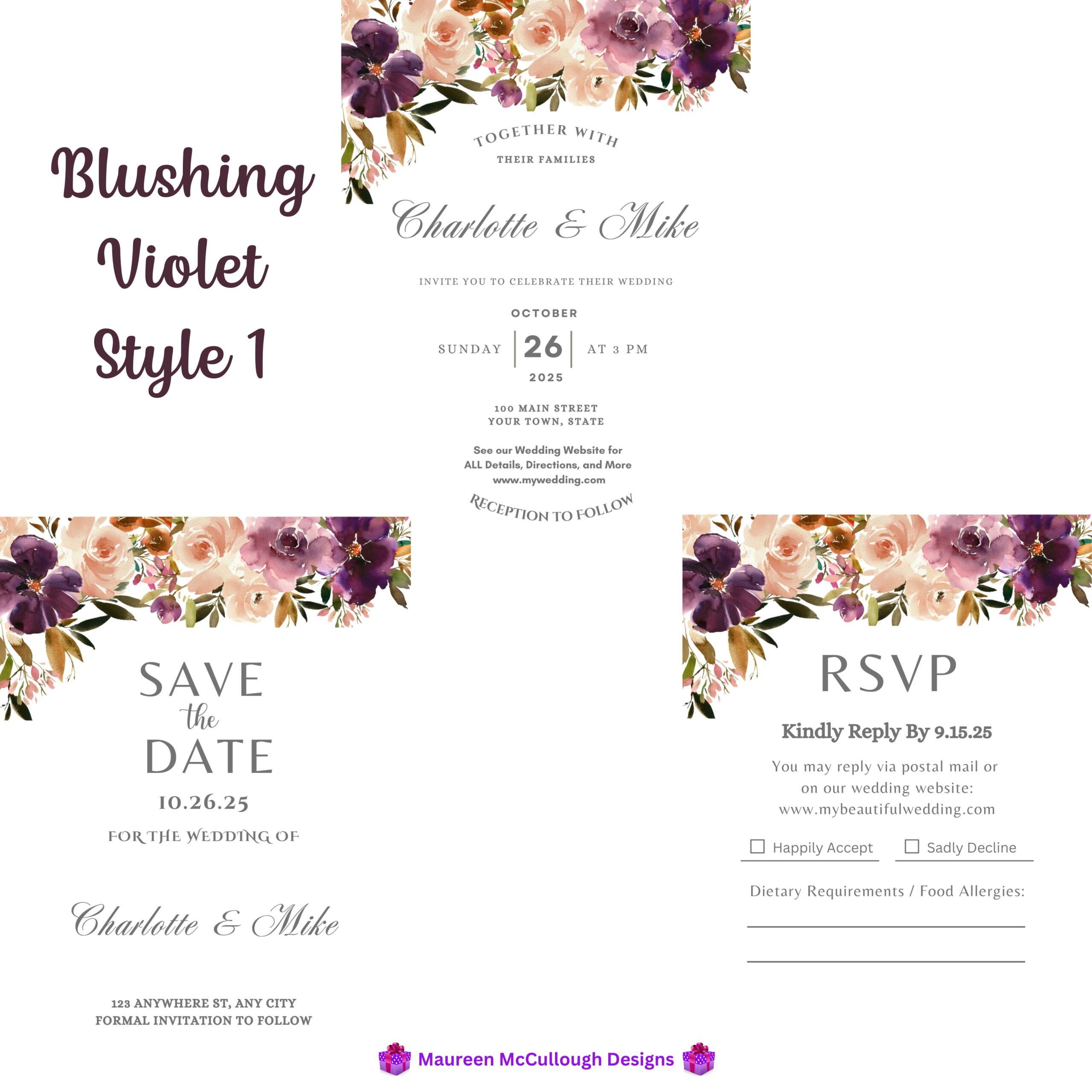 Blushing Violet Floral Wedding Invitation Suite – Save the Date, Invitation & RSVP – Made to Order