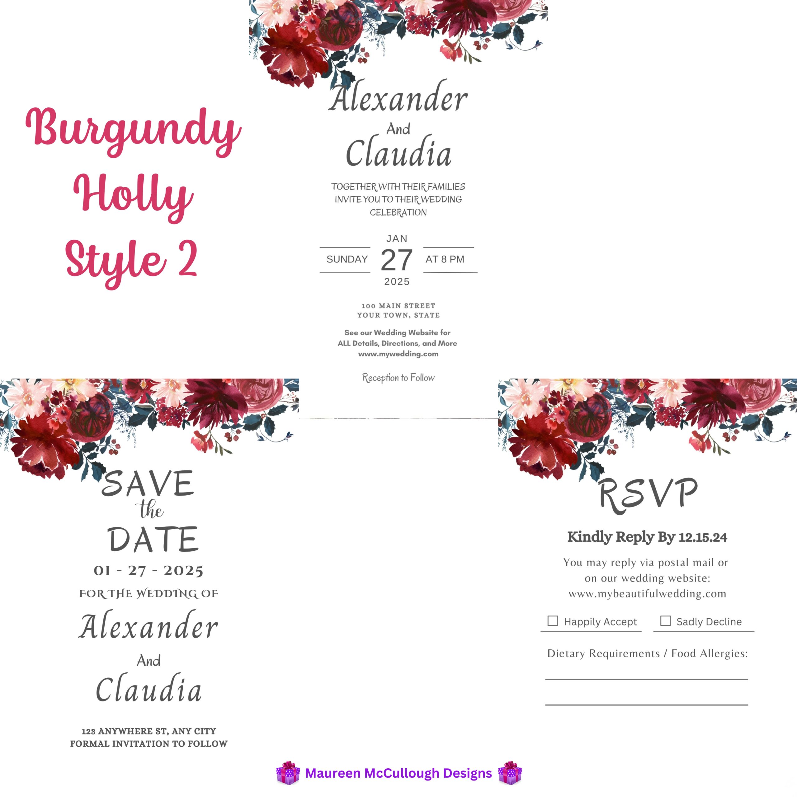 Burgundy Holly Floral Wedding Invitation Suite – Save the Date, Invitation & RSVP – Made to Order