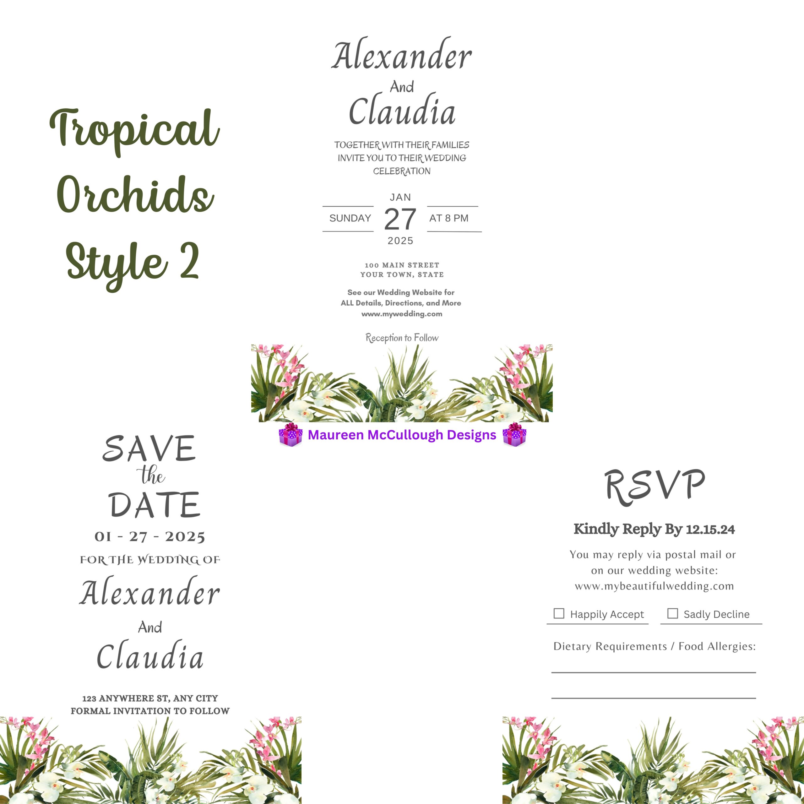 Tropical Orchids Floral Wedding Invitation Suite – Save the Date, Invitation & RSVP – Made to Order