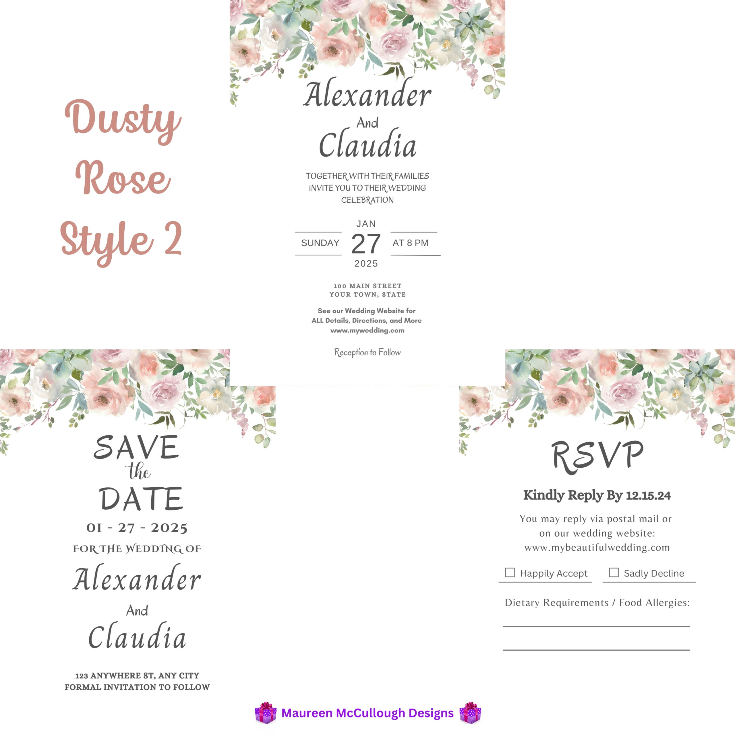 Dusty Rose Floral Wedding Invitation Suite – Save the Date, Invitation & RSVP – Made to Order