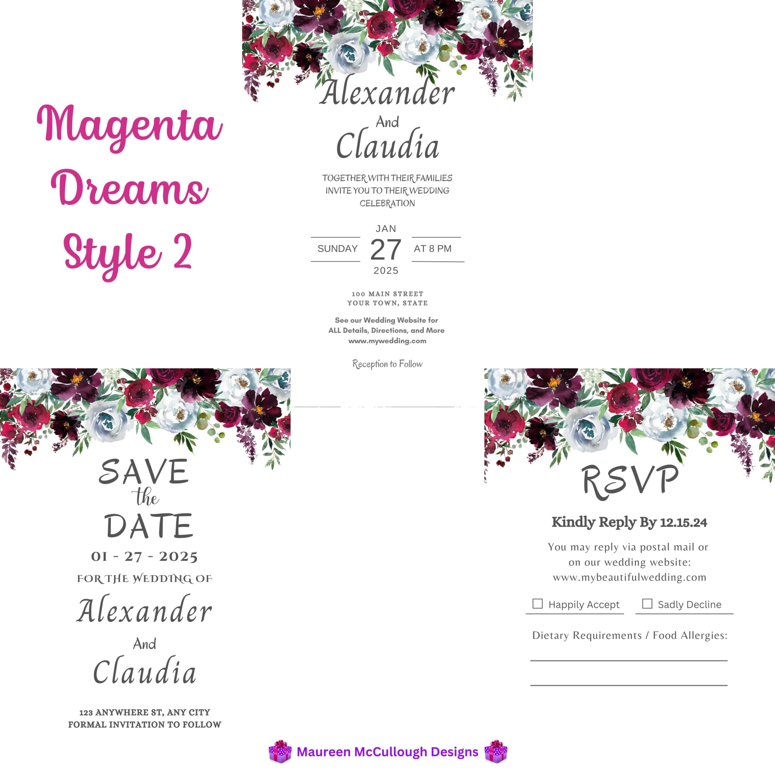 Magenta Dreams Floral Wedding Invitation Suite – Save the Date, Invitation & RSVP – Made to Order