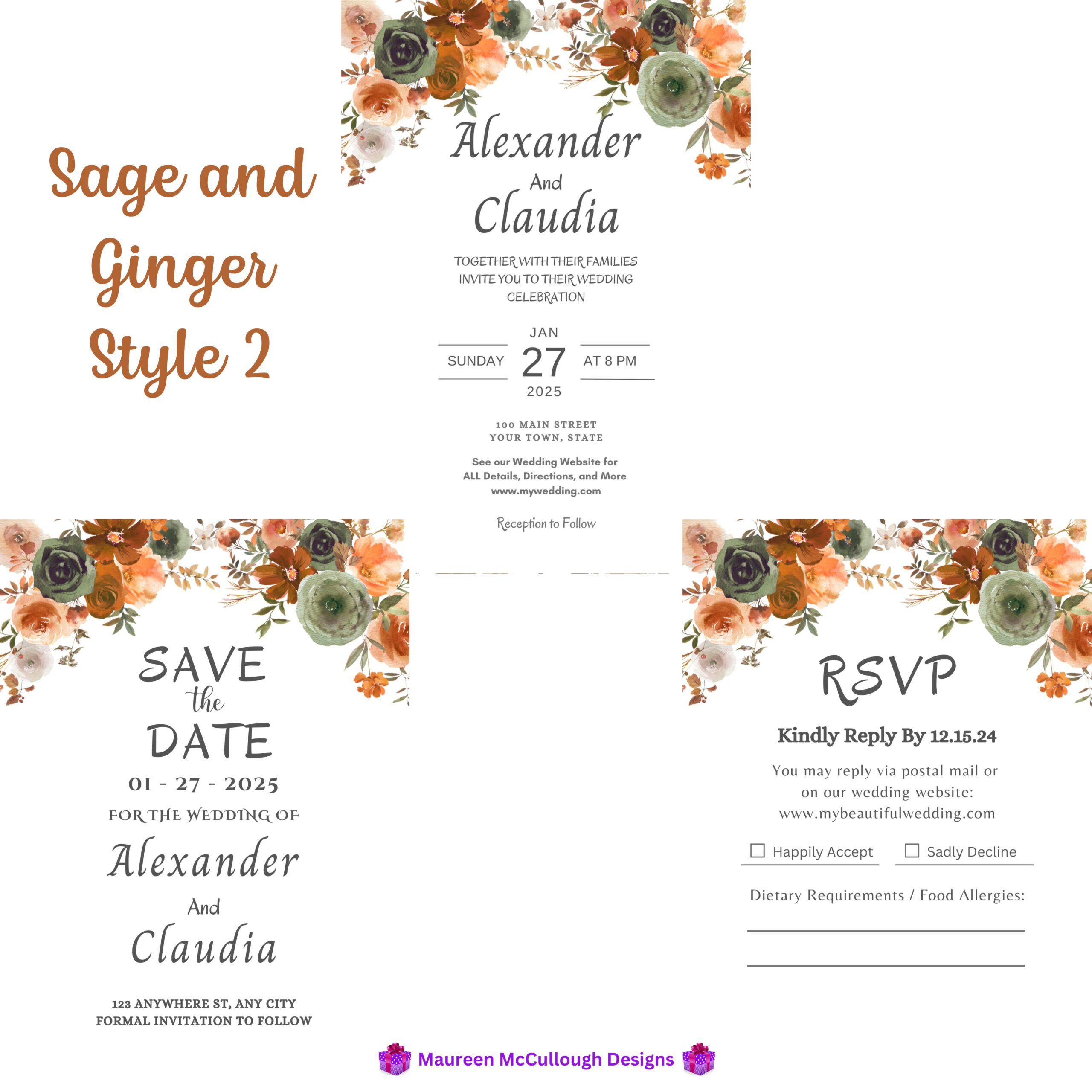 Sage and Ginger Floral Wedding Invitation Suite – Save the Date, Invitation & RSVP – Made to Order
