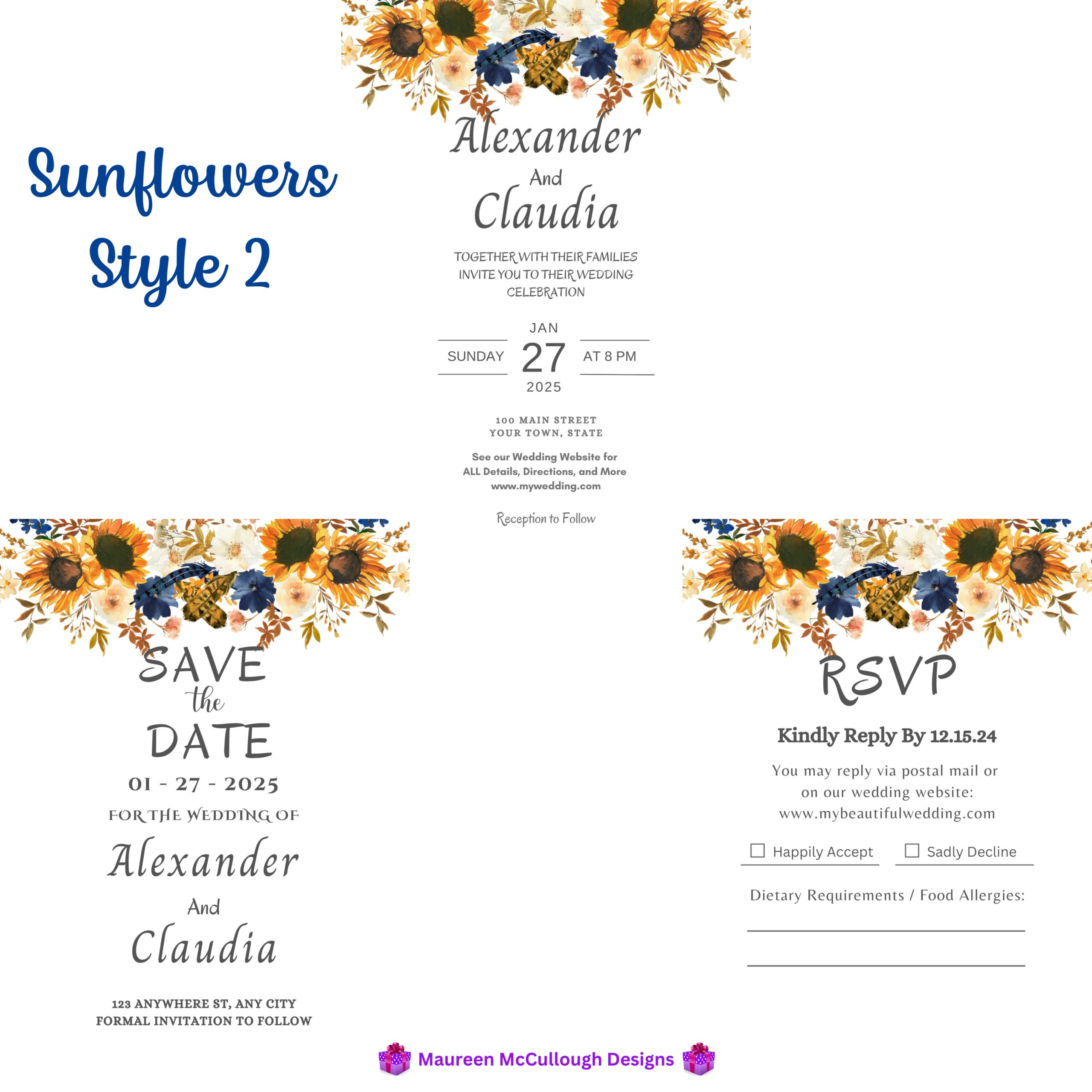Sunflowers Floral Wedding Invitation Suite – Save the Date, Invitation & RSVP – Made to Order