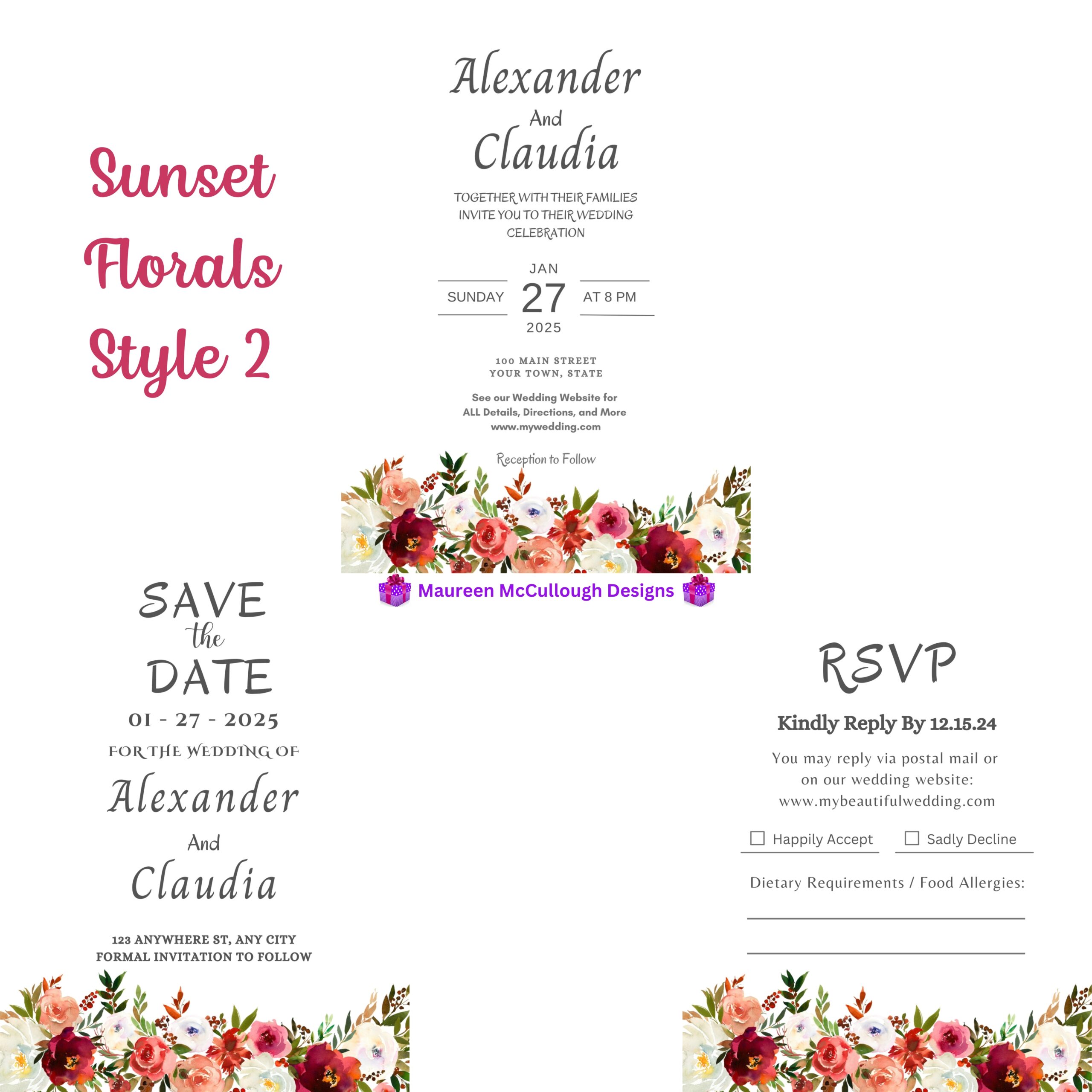 Sunset Florals Floral Wedding Invitation Suite – Save the Date, Invitation & RSVP – Made to Order
