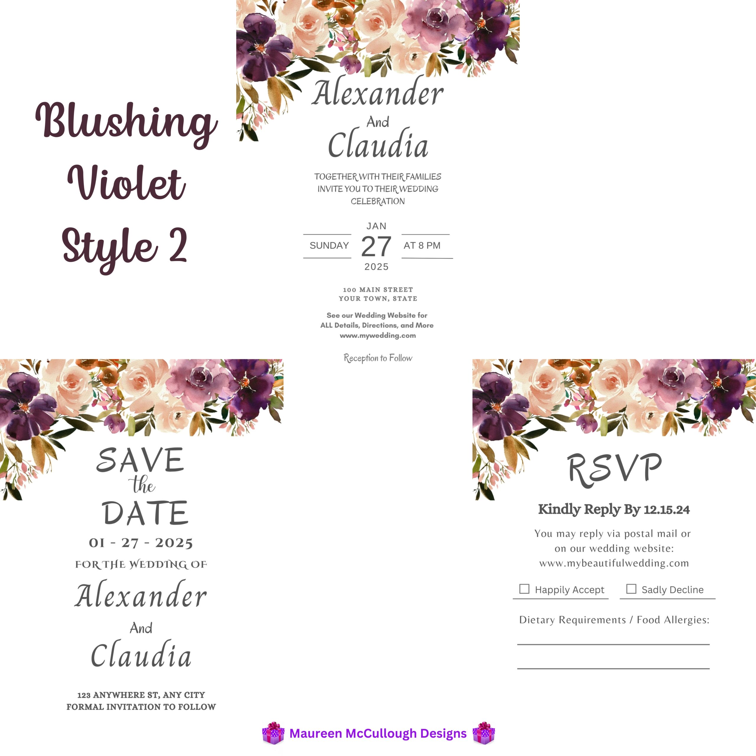 Blushing Violet Floral Wedding Invitation Suite – Save the Date, Invitation & RSVP – Made to Order