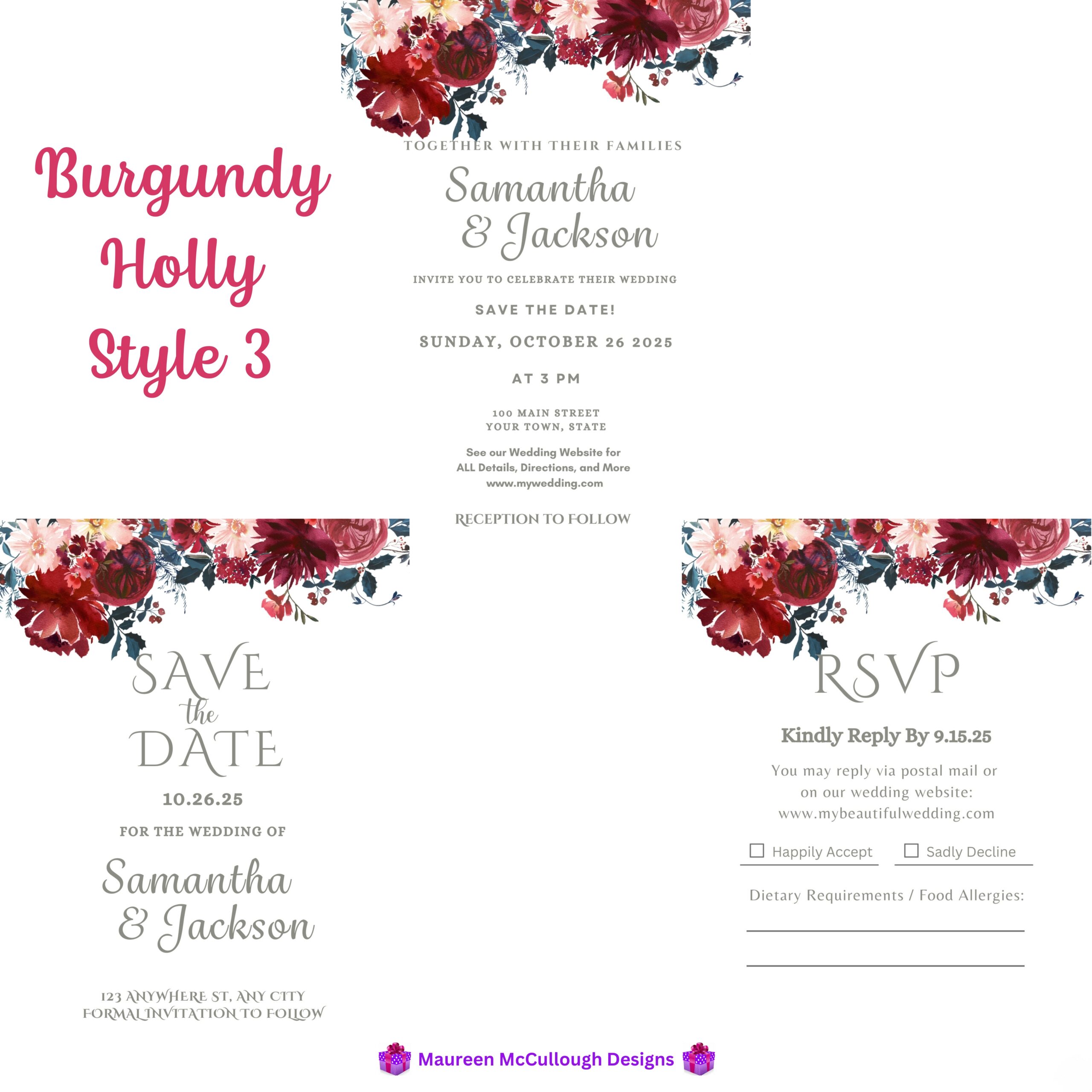 Burgundy Holly Floral Wedding Invitation Suite – Save the Date, Invitation & RSVP – Made to Order