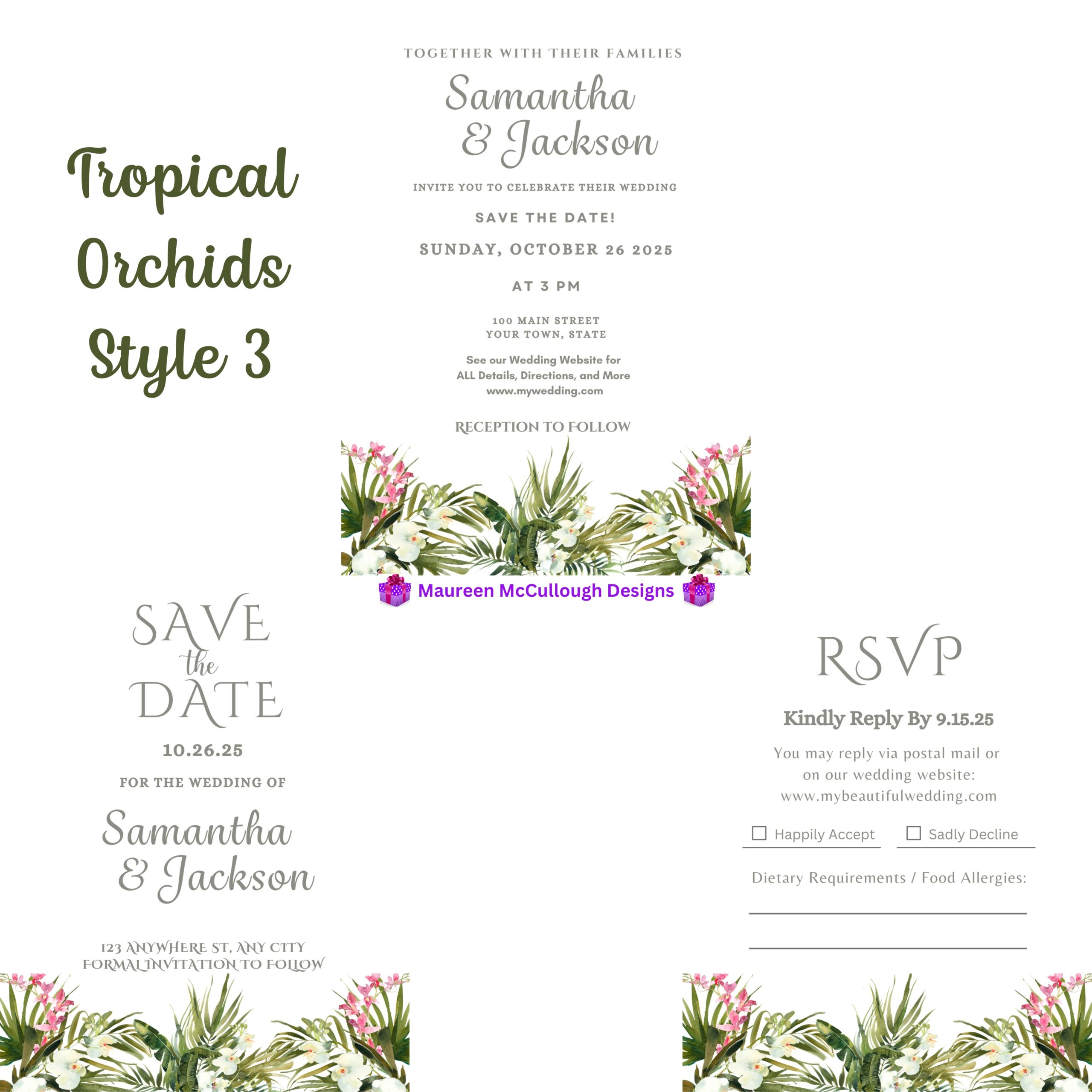 Tropical Orchids Floral Wedding Invitation Suite – Save the Date, Invitation & RSVP – Made to Order