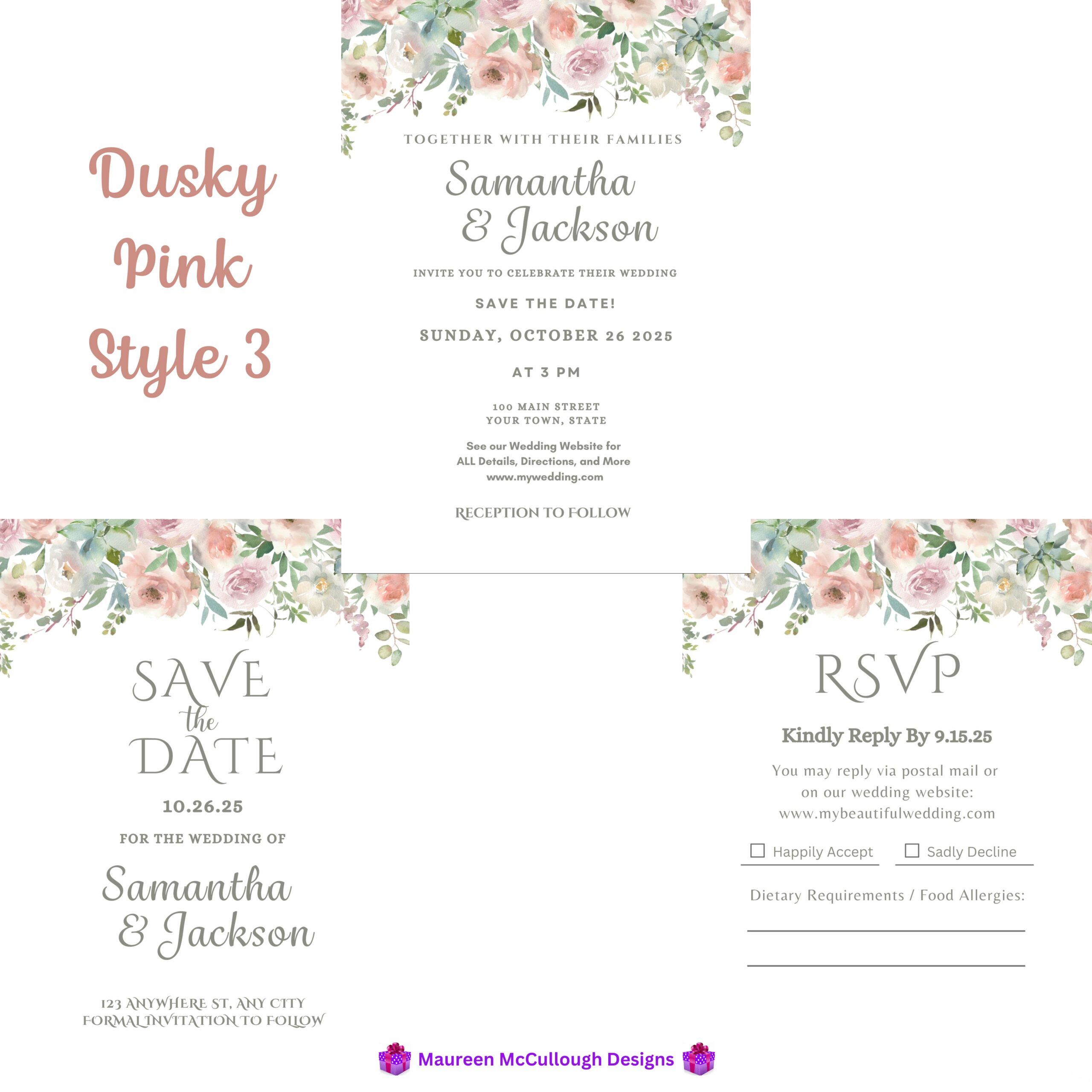 Dusty Rose Floral Wedding Invitation Suite – Save the Date, Invitation & RSVP – Made to Order