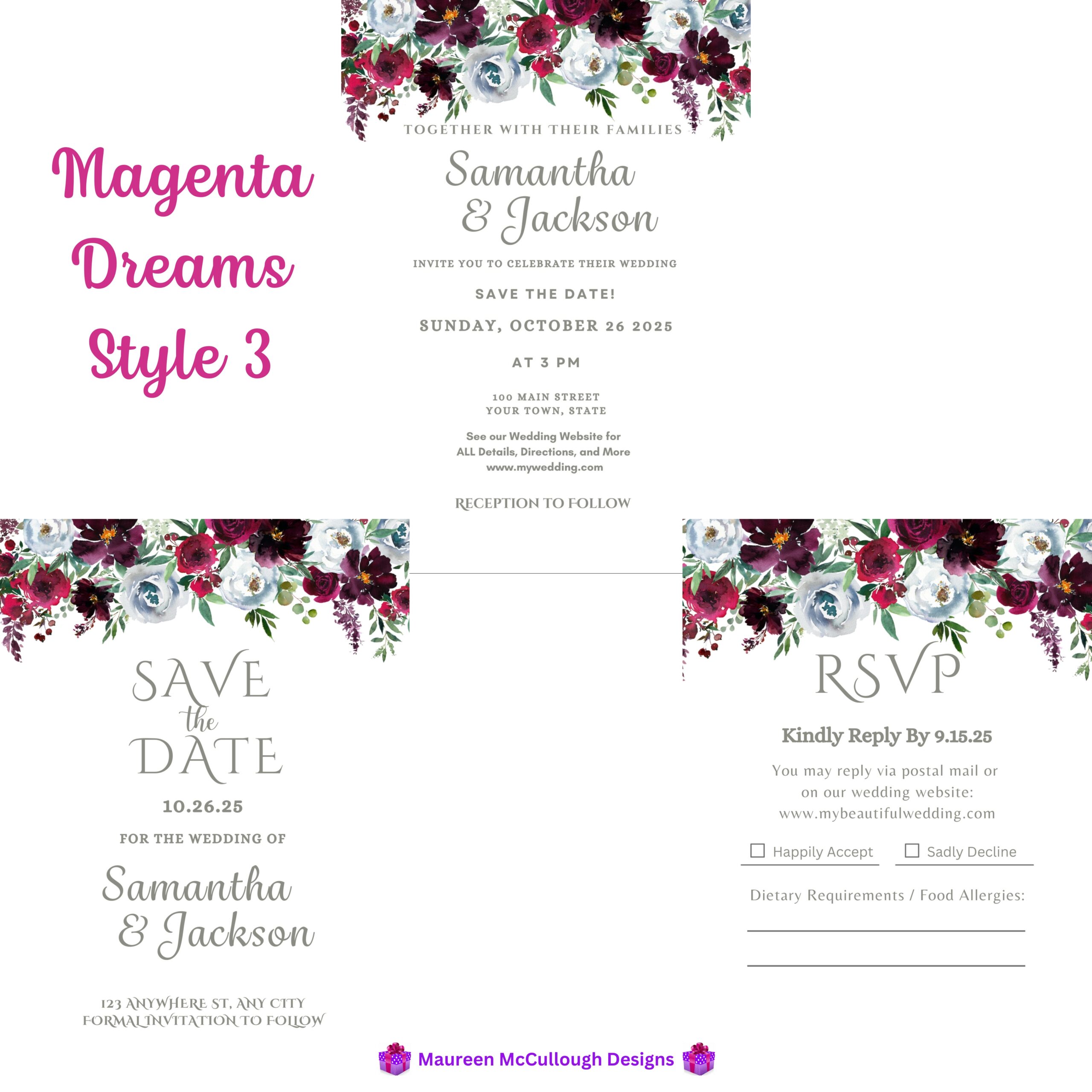 Magenta Dreams Floral Wedding Invitation Suite – Save the Date, Invitation & RSVP – Made to Order