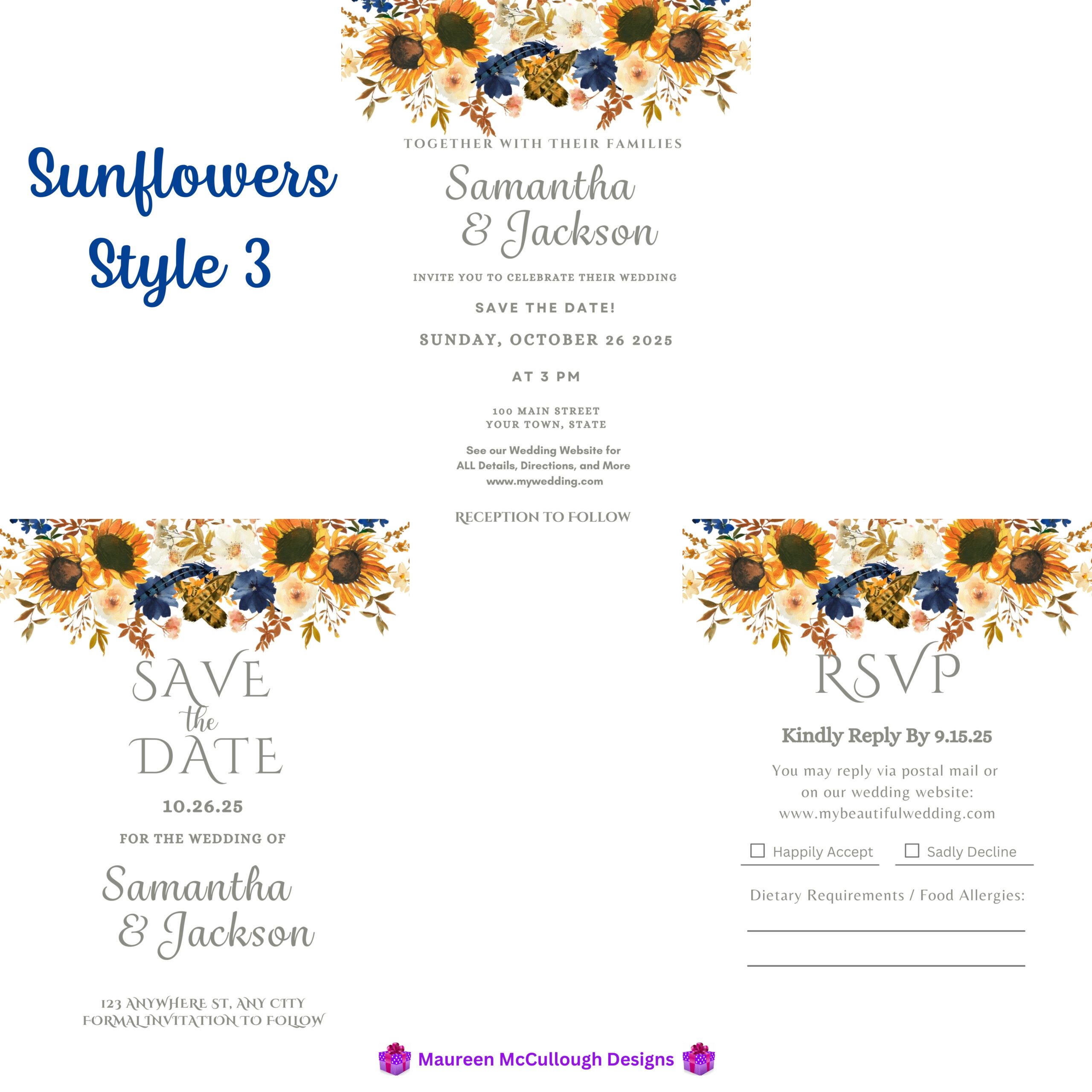 Sunflowers Floral Wedding Invitation Suite – Save the Date, Invitation & RSVP – Made to Order