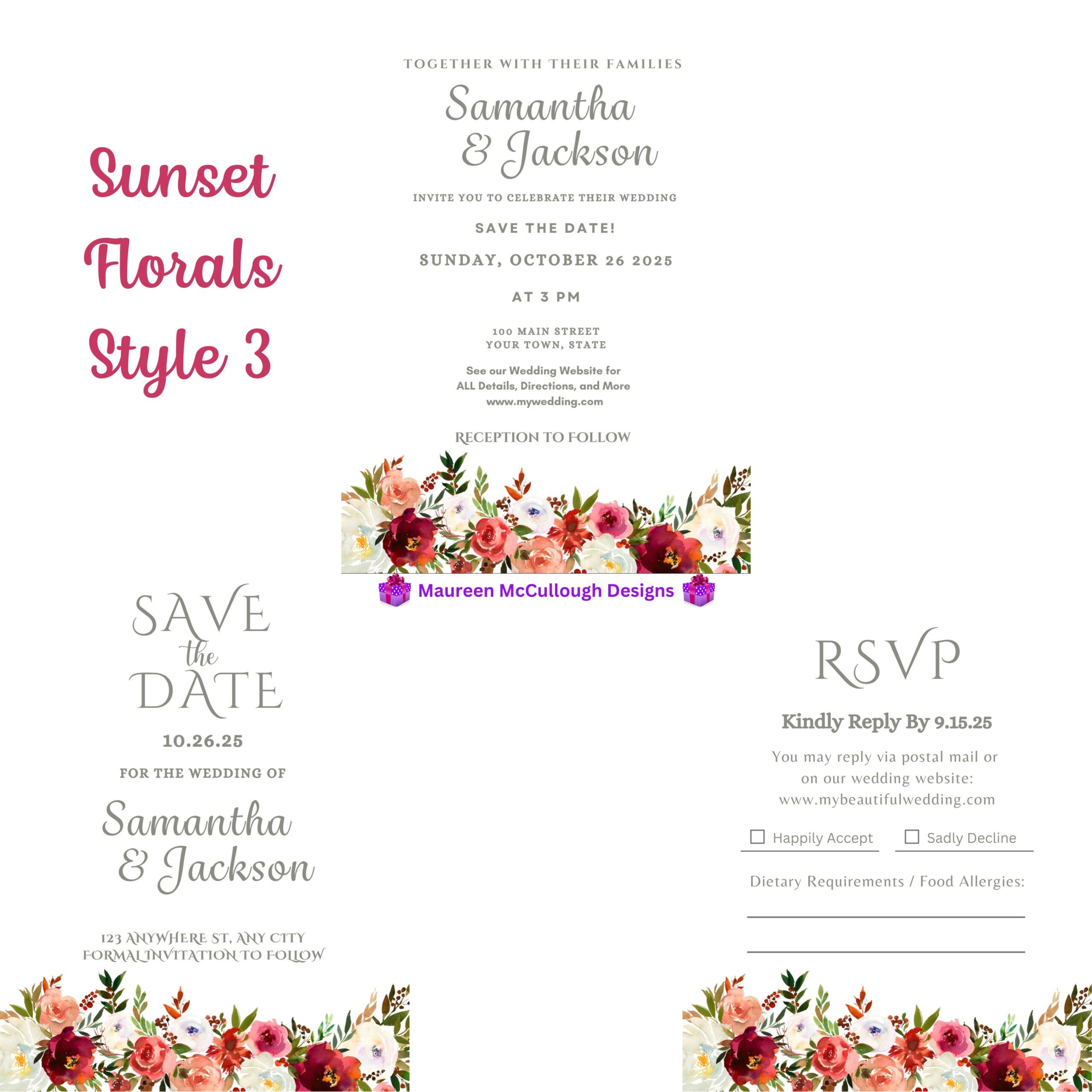 Sunset Florals Floral Wedding Invitation Suite – Save the Date, Invitation & RSVP – Made to Order