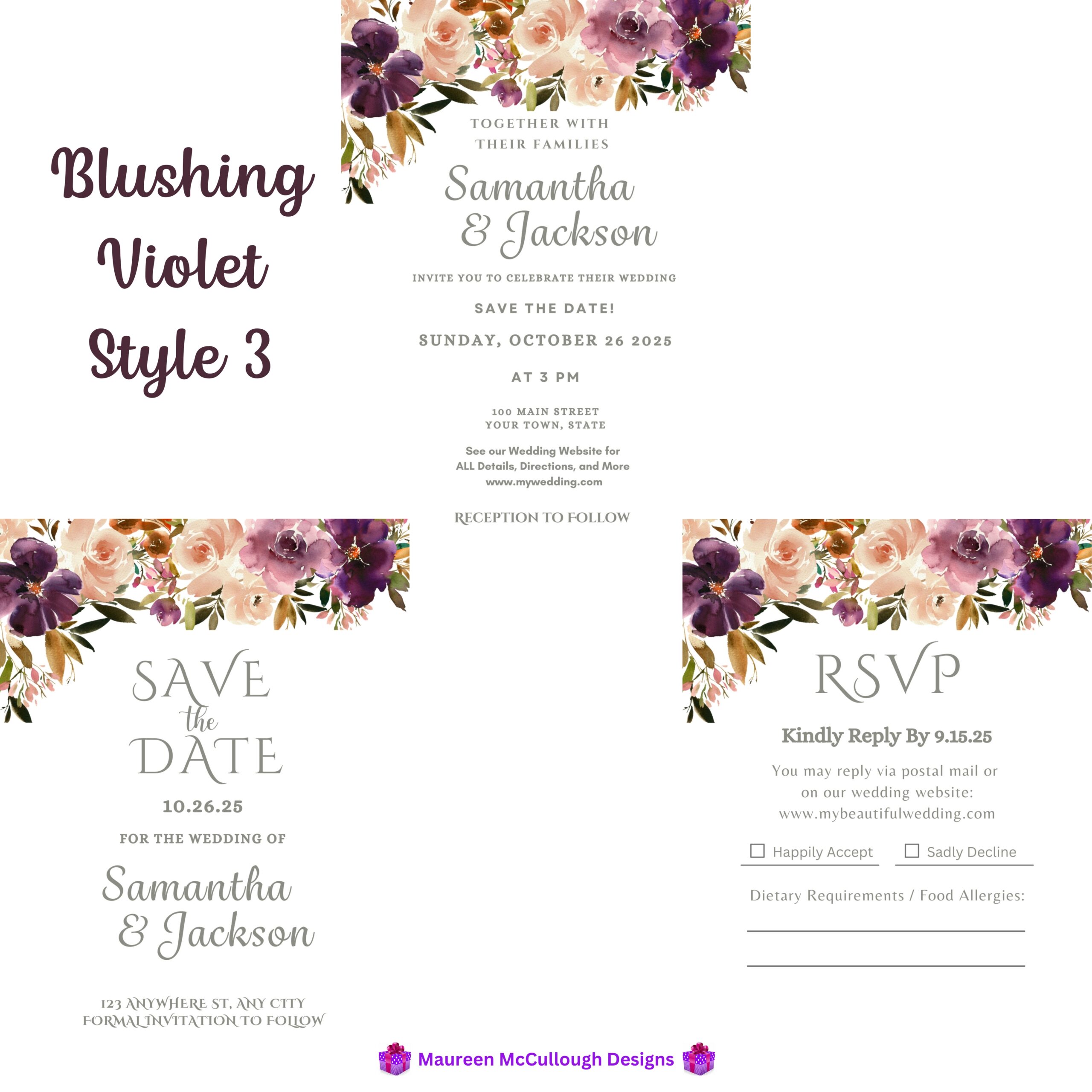 Blushing Violet Floral Wedding Invitation Suite – Save the Date, Invitation & RSVP – Made to Order