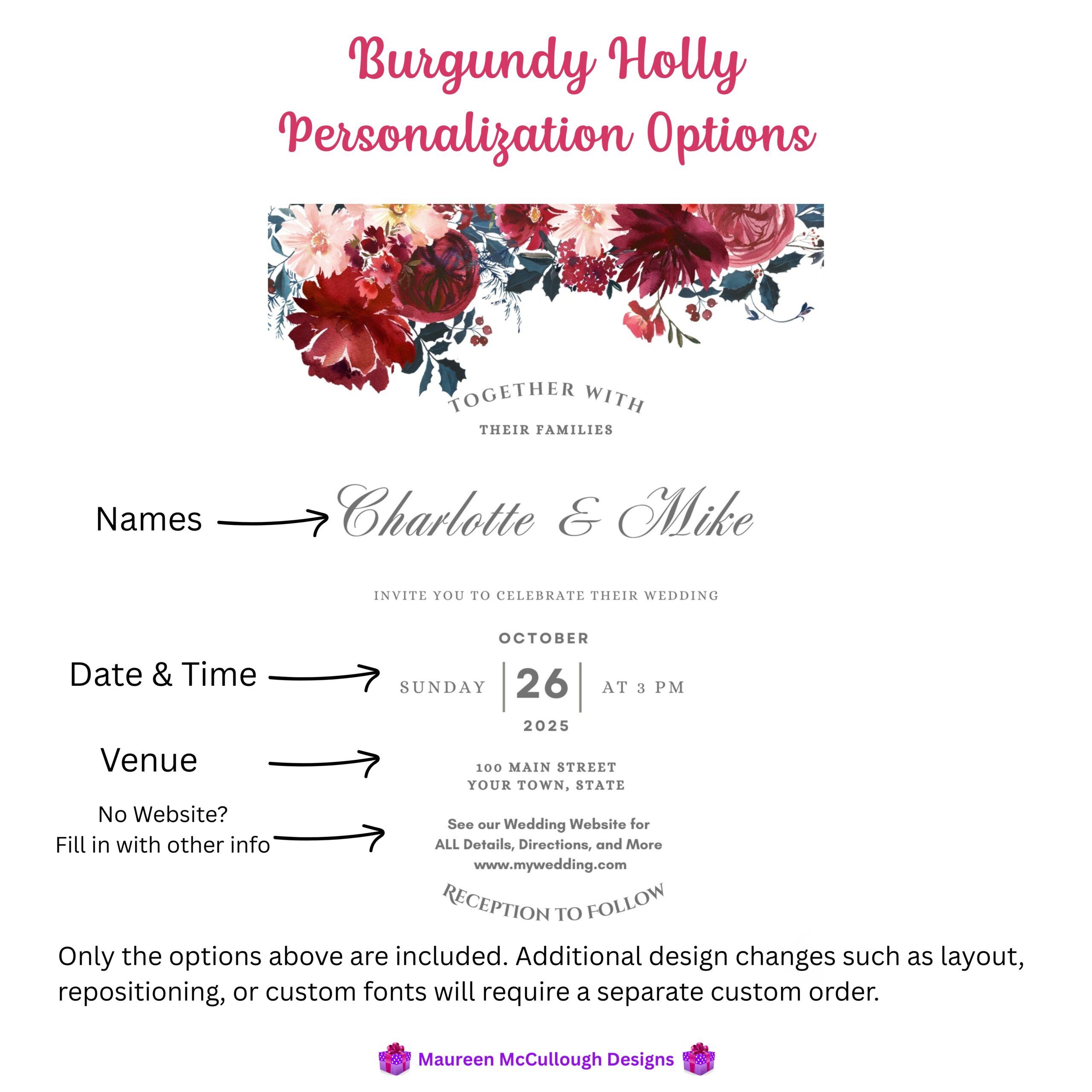 Burgundy Holly Floral Wedding Invitation Suite – Save the Date, Invitation & RSVP – Made to Order