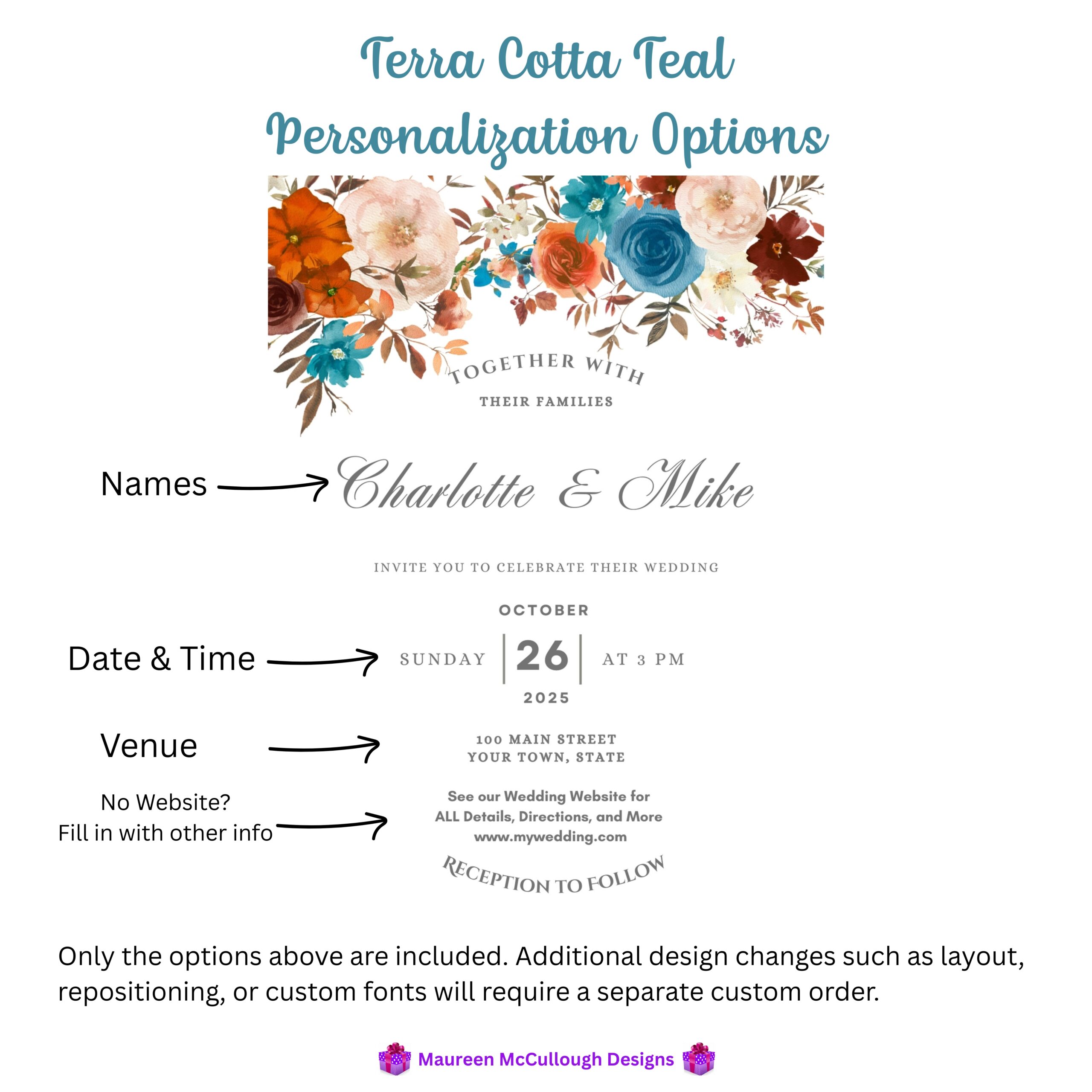 Terra Cotta Teal Floral Wedding Invitation Suite – Save the Date, Invitation & RSVP – Made to Order