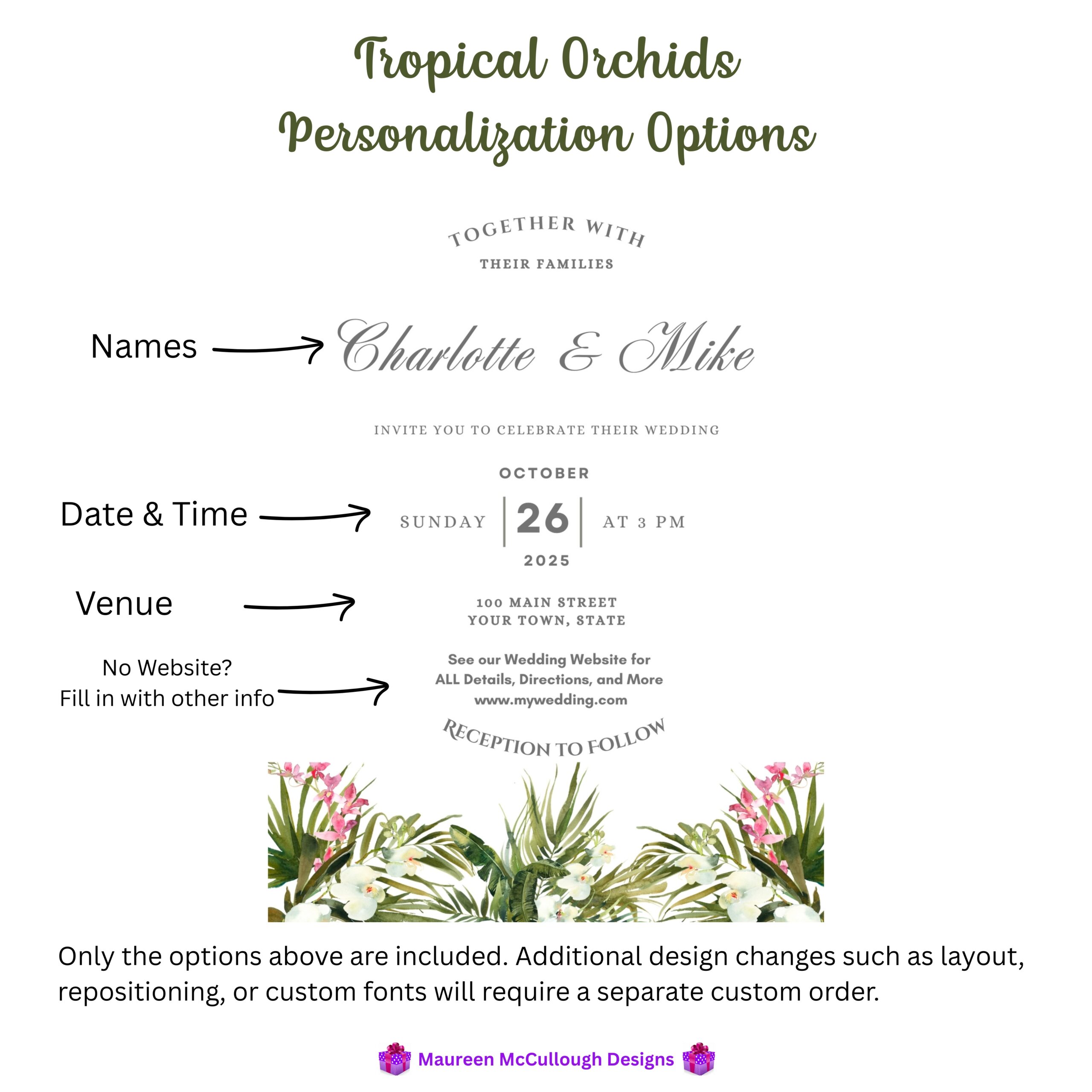 Tropical Orchids Floral Wedding Invitation Suite – Save the Date, Invitation & RSVP – Made to Order